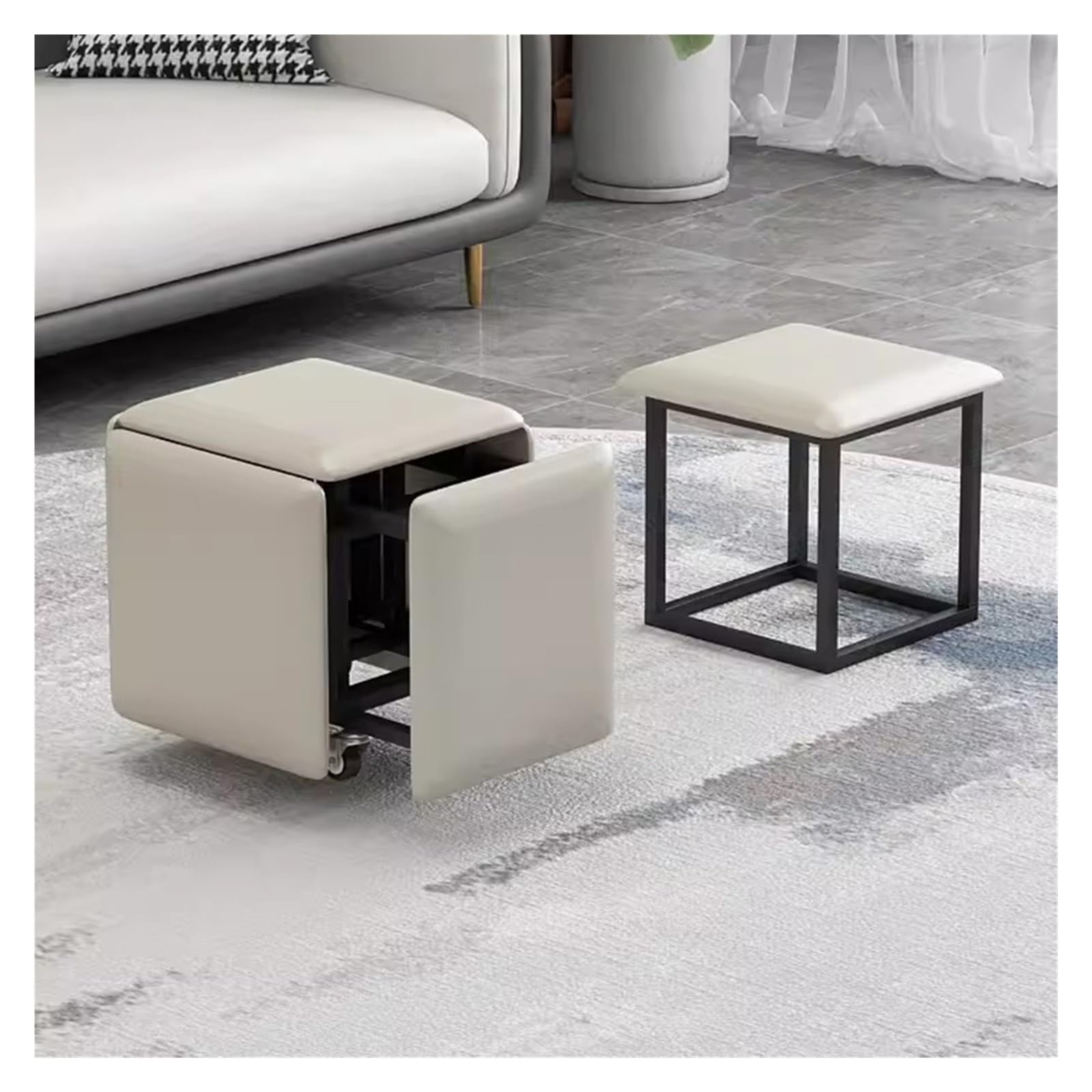 WDSOPK Moveable Stool Cubes 5 in 1 Seating Cube with Swivel Casters,Stackable Sofa Chair Stools Nesting Ottoman Stool,Leather Cube Chair Vanity Stool with Metal Legs（Cream）