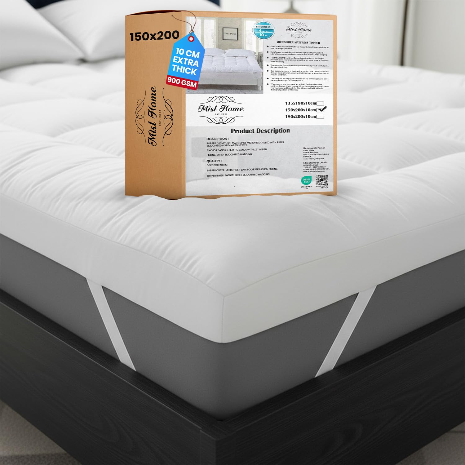Mattress Topper Kingsize Bed 10cm Extra Deep & Extra Thick - 900gsm 150x200 - Microfiber Hypoallergenic Mattress Topper - Elastic Straps to fit up to 40cm Mattress