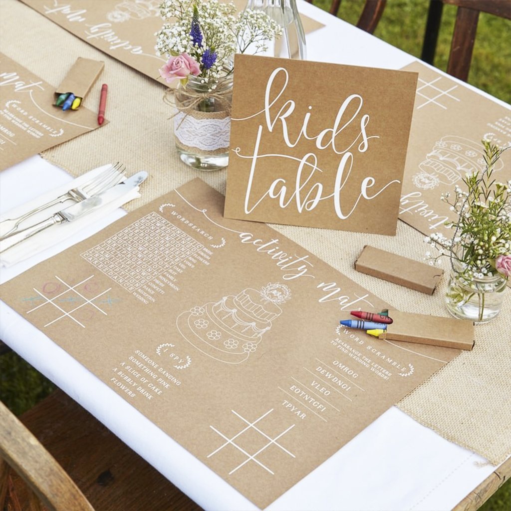 Ginger Ray Childrens Wedding Activity Place Mat Pack & Colouing Kit-8 Pack Rustic, White