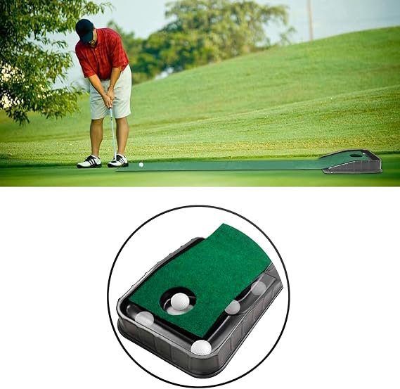 This golf putting trainer with automatic ball return, including putting green, is suitable for indoor and outdoor use in homes, offices, and backyards to improve accuracy and technique.