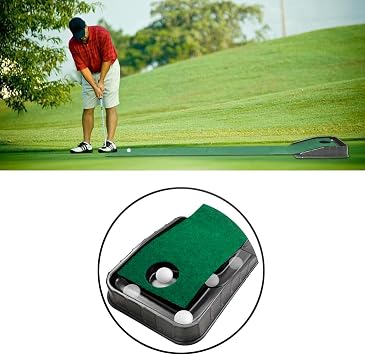 This golf putting trainer with automatic ball return, including putting green, is suitable for indoor and outdoor use in homes, offices, and backyards to improve accuracy and technique.
