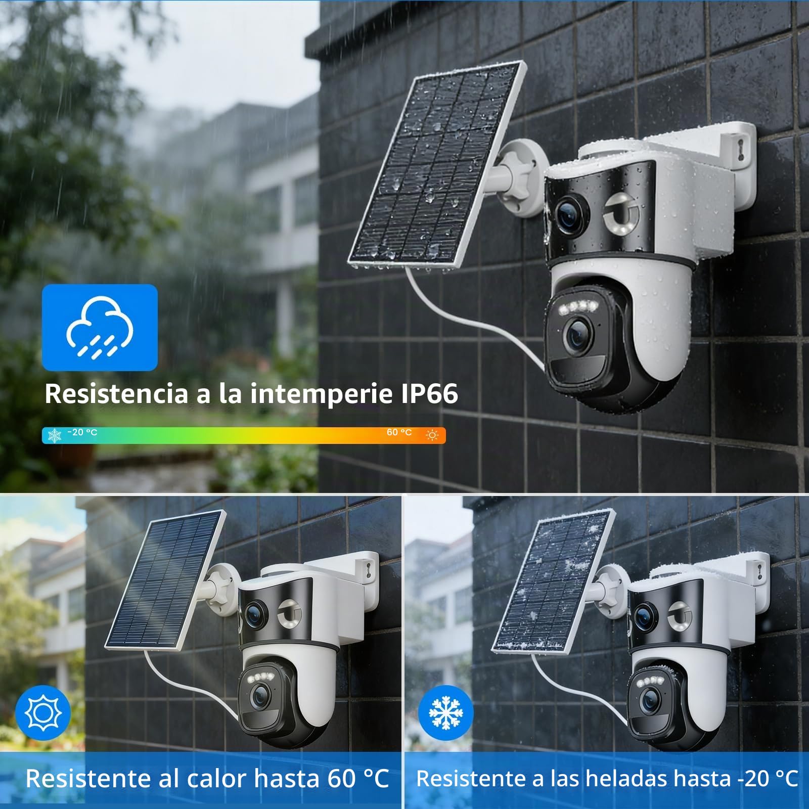 8MP Cámara Vigilancia WiFi Exterior Solar con Doble Lente, Panel Solar 6W, 360° PTZ,Visión Nocturna en Color,Audio Bidireccional,Detección Humana PIR, 2.4GHz,IP66