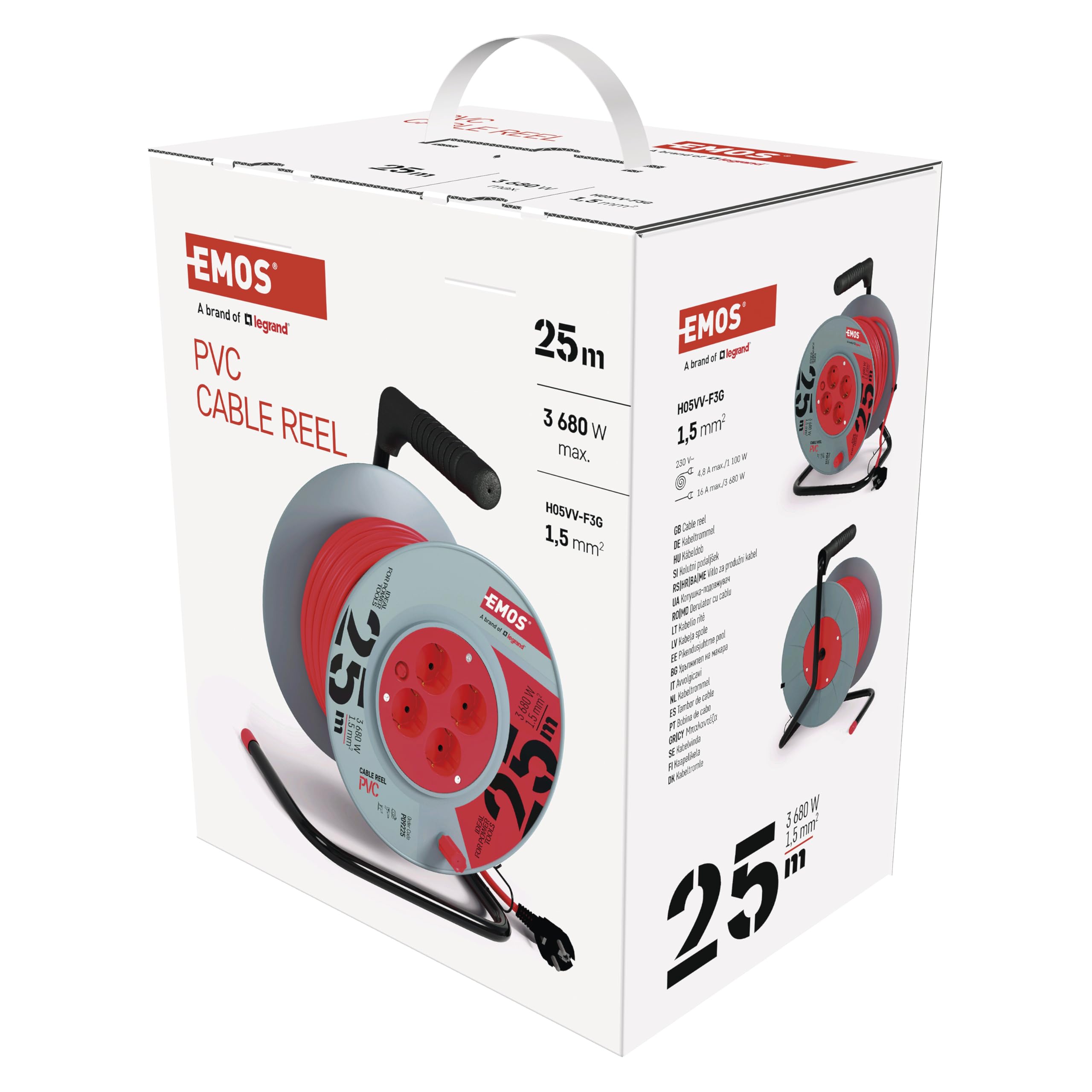 EMOS - Avvolgicavo 25 m - 4 prese Schuko - 230 V, 16 A, 3680 W - isolamento in PVC di alta qualità - H05VV-F3G 1,5 mm2 - protezione contro il surriscaldamento - IP20 per interni