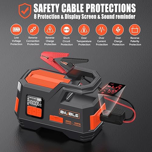 Miniatura 7 de Arrancador de coche con compresor de aire, BIUBLE Jump Starter 4500A 150PSI Inflador para hasta todo el gasolina o motor diésel de 10.0L 12V batería