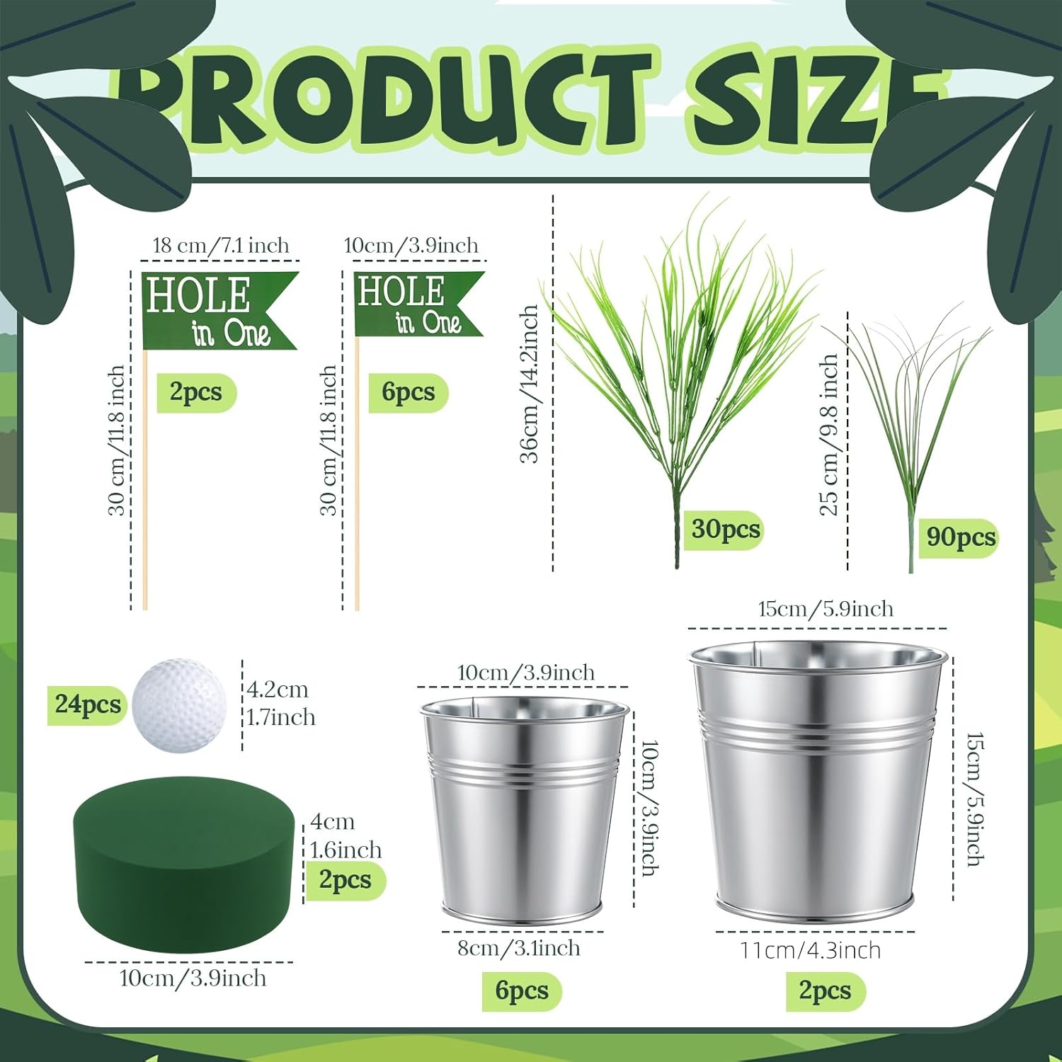 8 Set 162 Pcs Golf Party Table Decorations Sport Themed Party Centerpieces Includes 8 Metal Bucket 24 Mini Golf 120 Artificial Grass 8 Flags and 2Flower Mud for Sport Birthday Decor(Round)