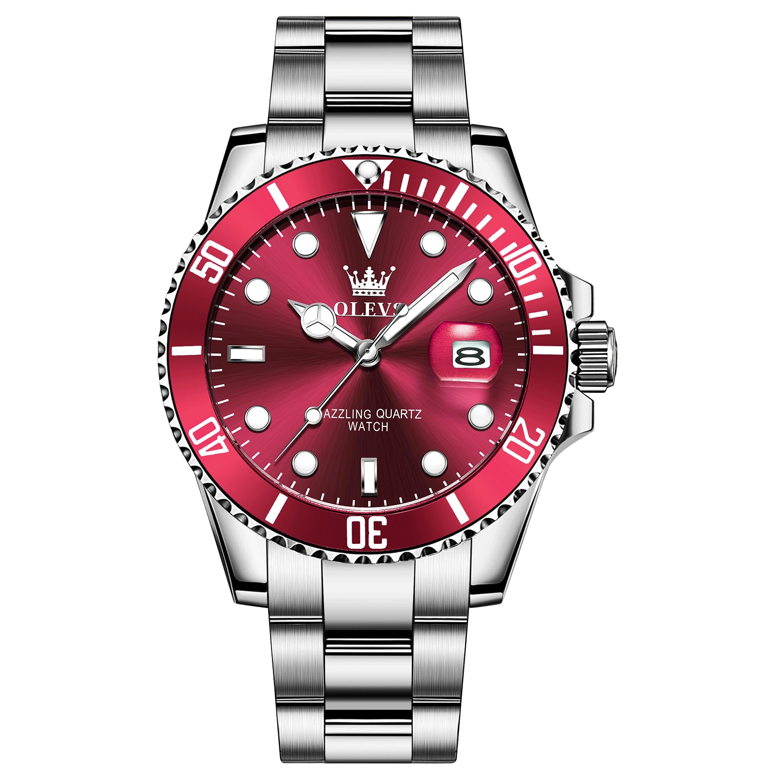 OLEVSMen's Stainless Steel Watch, Big Face Easy to Read Analog Quartz Dress Watches, Classic Rotating Bezel Waterproof Luminous Hands Date Mens Wristwatch