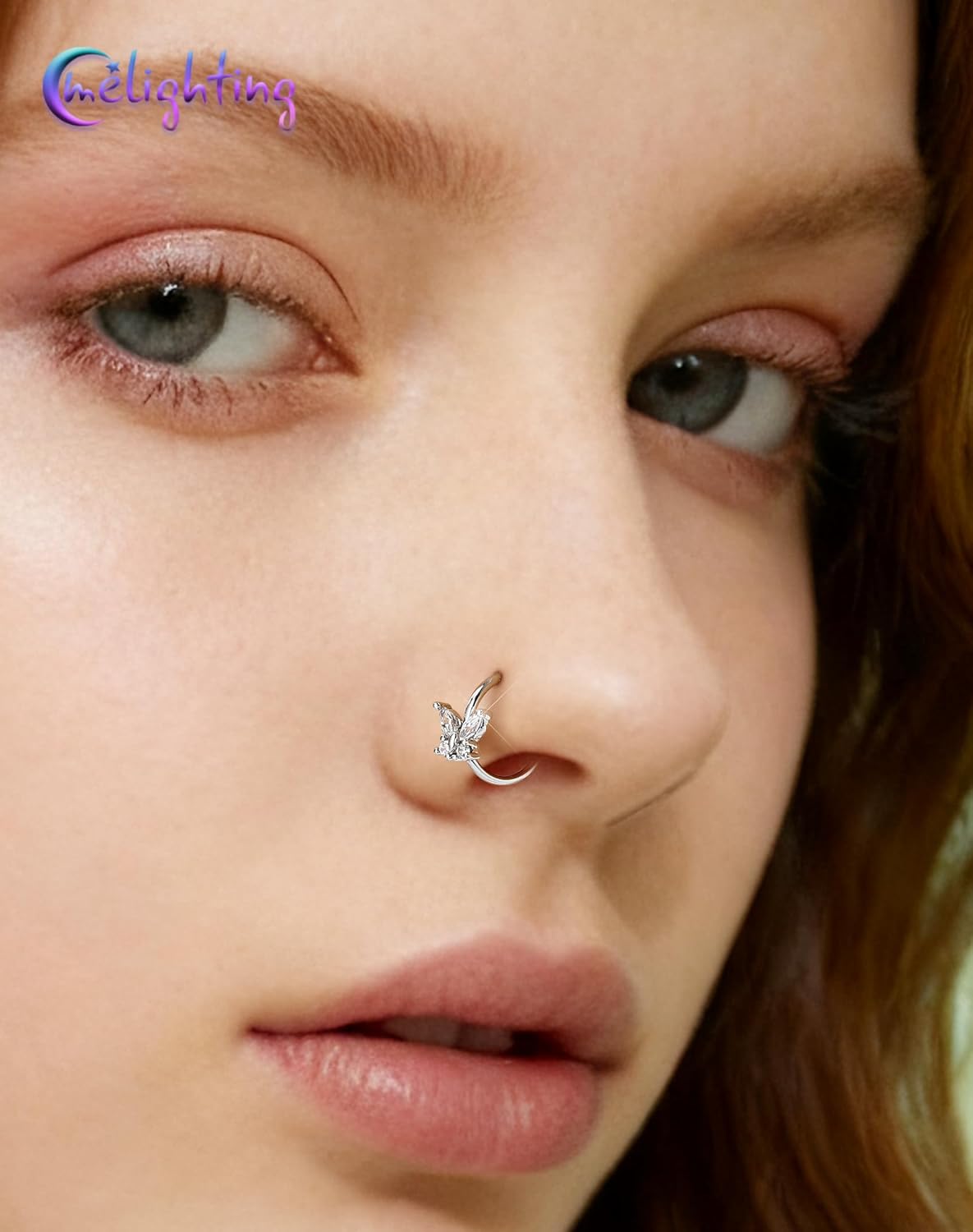 Melighting 20G Butterfly Nose Rings Hoops 316L Stainless Steel, Silver Seamless Open Nose Ring CZ Clear Silver Helix Cartilage Earring Labret Septum Piercing Jewelry for Women 8 mm - Image 3