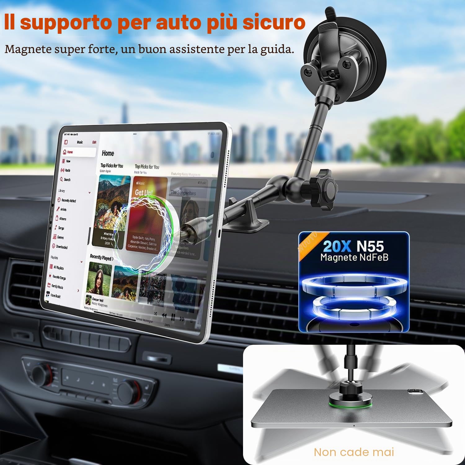 Supporto Magnetico Tablet Auto [Braccio Metallico Regolabile] Cruscotto Parabrezza Supporto Tablet Auto Ventosa Grande per iPad, Galaxy Tab, Kindle, Fire, iPhone, 4-11" Telefonos Tablets