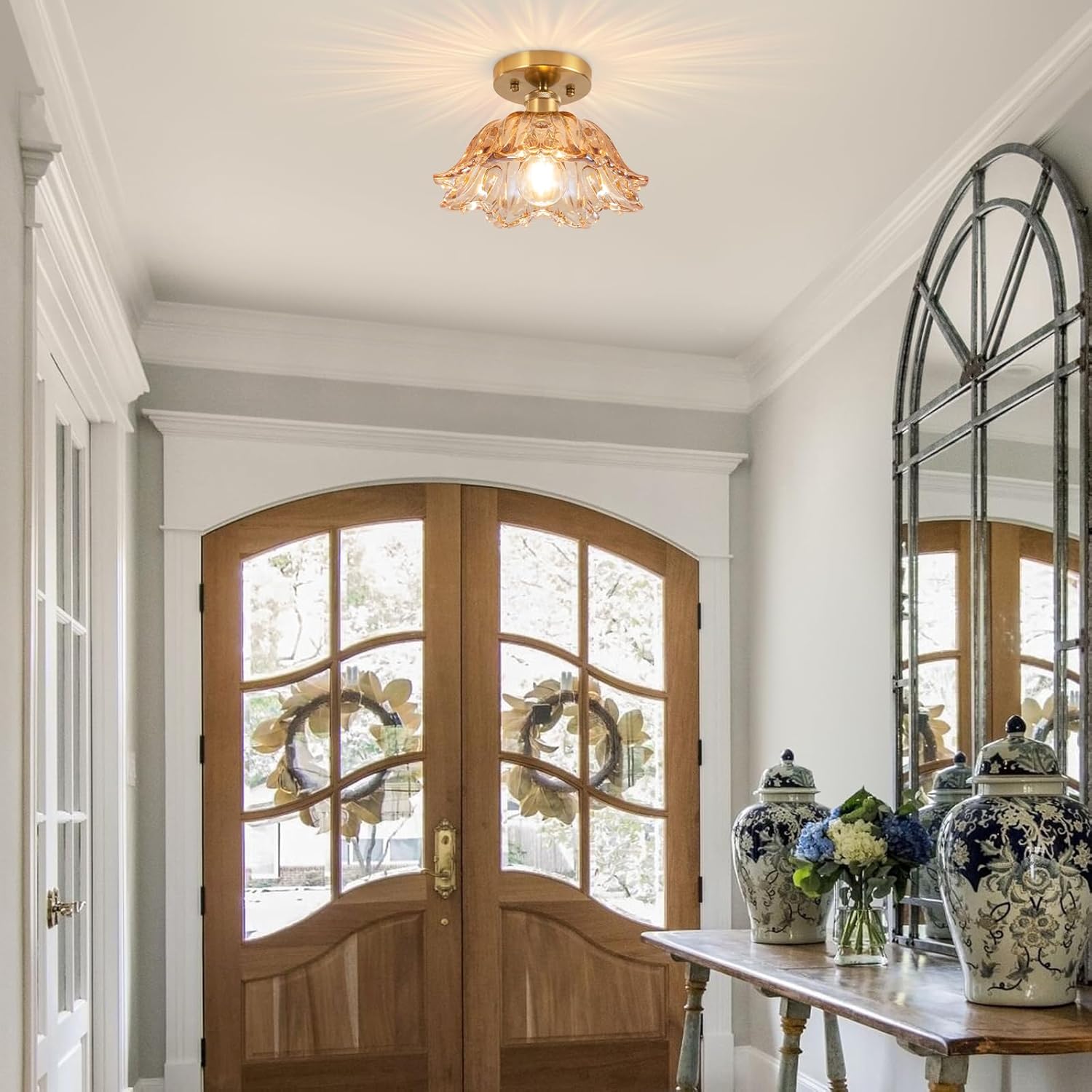 Semi Flush Mount Ceiling Light,Vintage Lights Fixture Ceiling E26 Base，Amber Shade Glass Hallway Light Fixture for Porch Kitchen Bedroom, Bulb Included