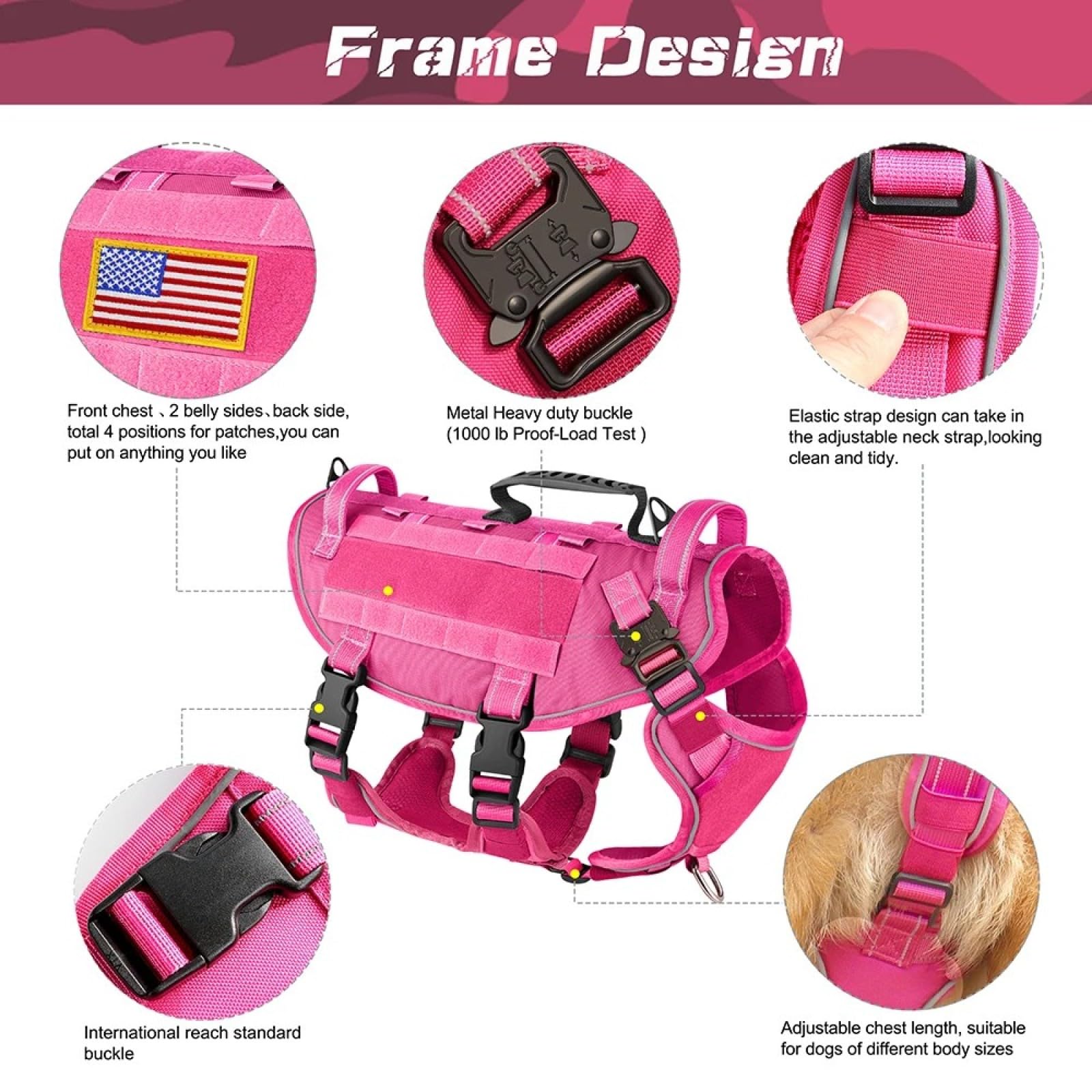 Regolabile Con Maniglia Di Controllo Imbracatura Da Addestramento Tattica Per Cani Militari A Controllo Rapido Nessuna Imbracatura Per Gilet Per Animali Domestici,Rosa,l