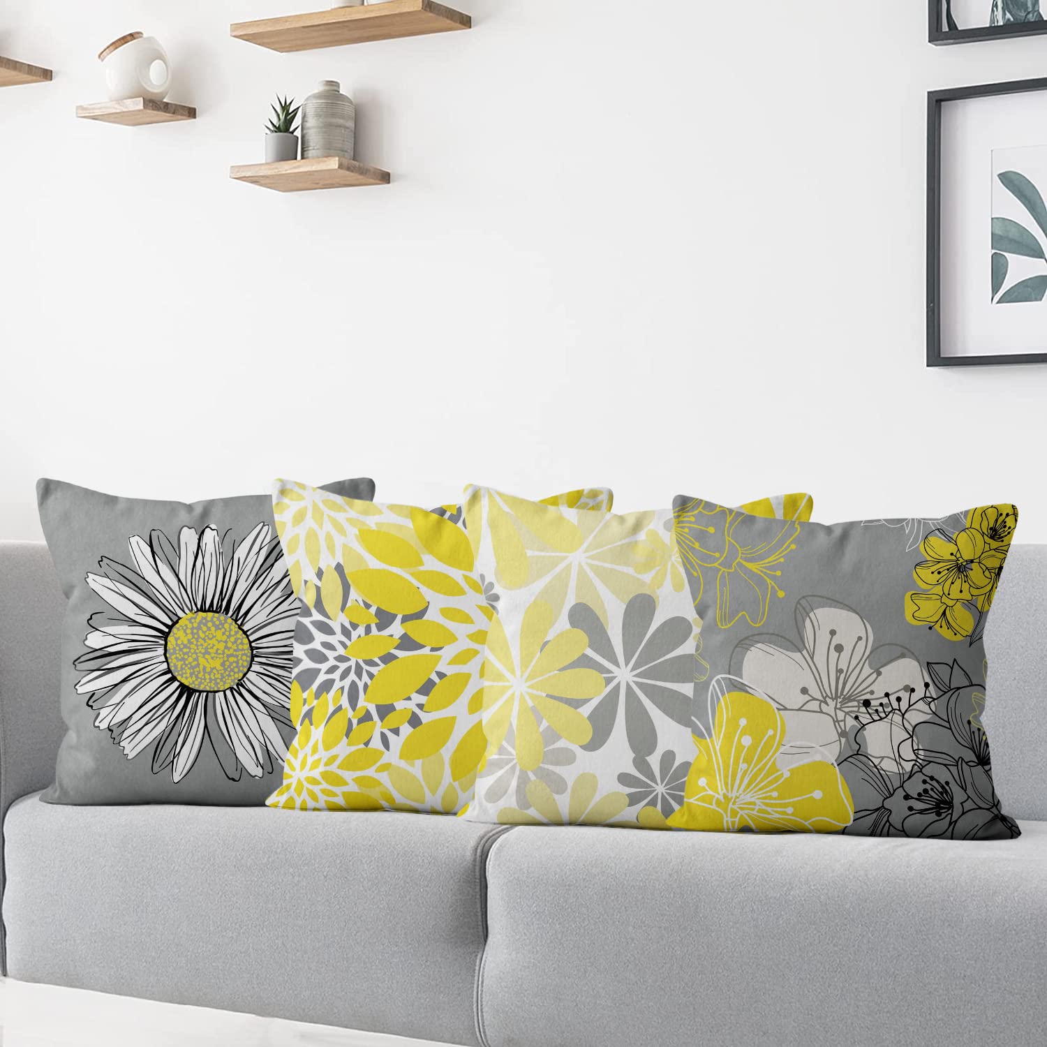 ASDCXZ Set di 4 federe per cuscino, colore giallo, 45 x 45 cm, con fiori del Nord Europa, moderne, colore giallo, grigio, per divano, cuscino decorativo, lavabile, in poliestere, lino