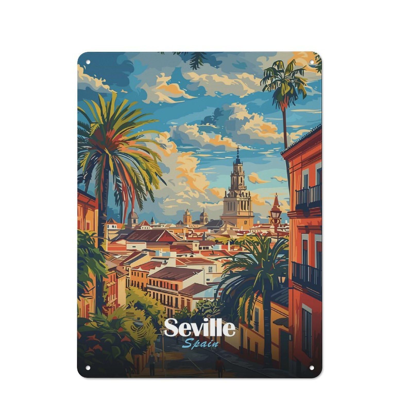 Vintage Metal Wall Art Sign 40x30cm Featuring Seville Cityscape, Old Style Wall Plaque for Kitchen, Hallway, Bar Or Small Cafe