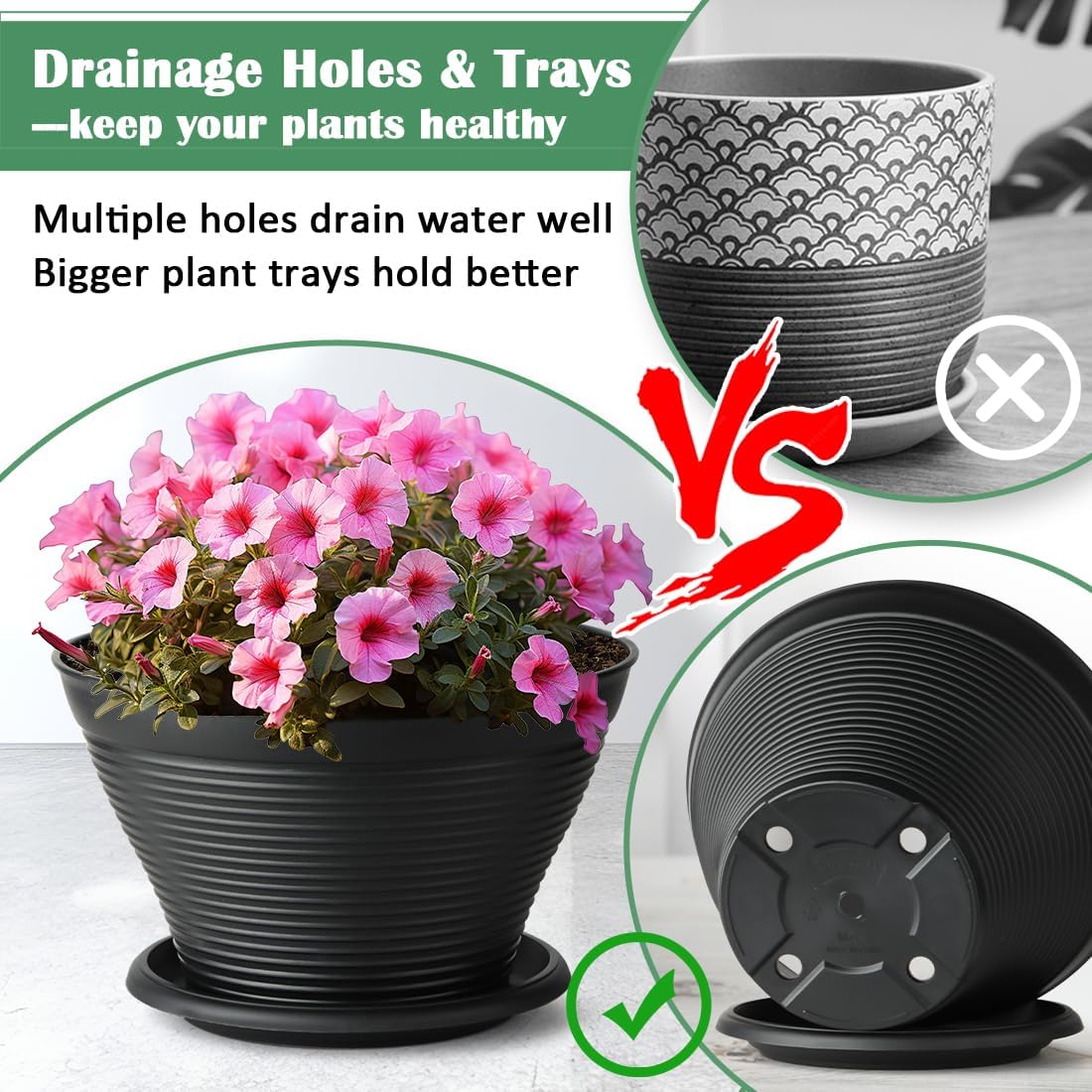 RooTrimmer 8 Inch Plastic Plant Pots with Saucers 8 Pack, Flower Pots with Drainage Holes, Sturdy Planter Pots for Indoor Outdoor, Modern Decorative Gardening Pots for Planting House Plants, Black