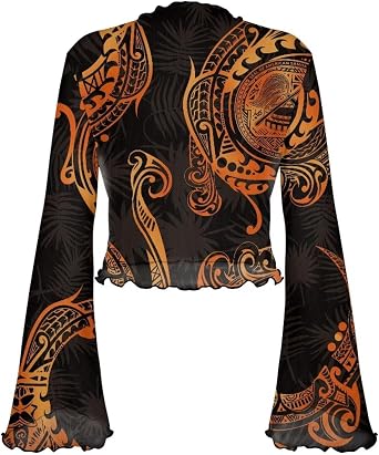 Jndtueit 70s Polynesia Bell Sleeve Shirts for Women Mock Neck Mesh Top Crop T Shirt Sheer Ruffle Flare Long Sleeve Tee Top