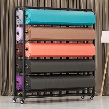 Large Textile Commercial Fabric Roll Storage Rack, 10-roll Movable Vinyl Paper Organizer with Adjustable Hanging Rods, Heavy-duty Sewing Room/Curtain Studio Display