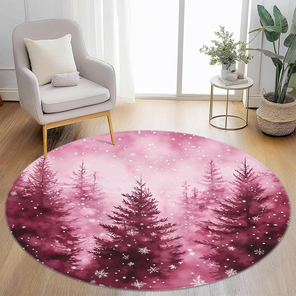 Round Area Rug 4Ft Winter Forest Snowy Pink Christmas Tree Pine Spruce Trees Mist Fir Farmhouse Xmas Snowflakes Nature Landscape Rustic Circular Mat Floor Carpet for Living Dining Room Bedroom