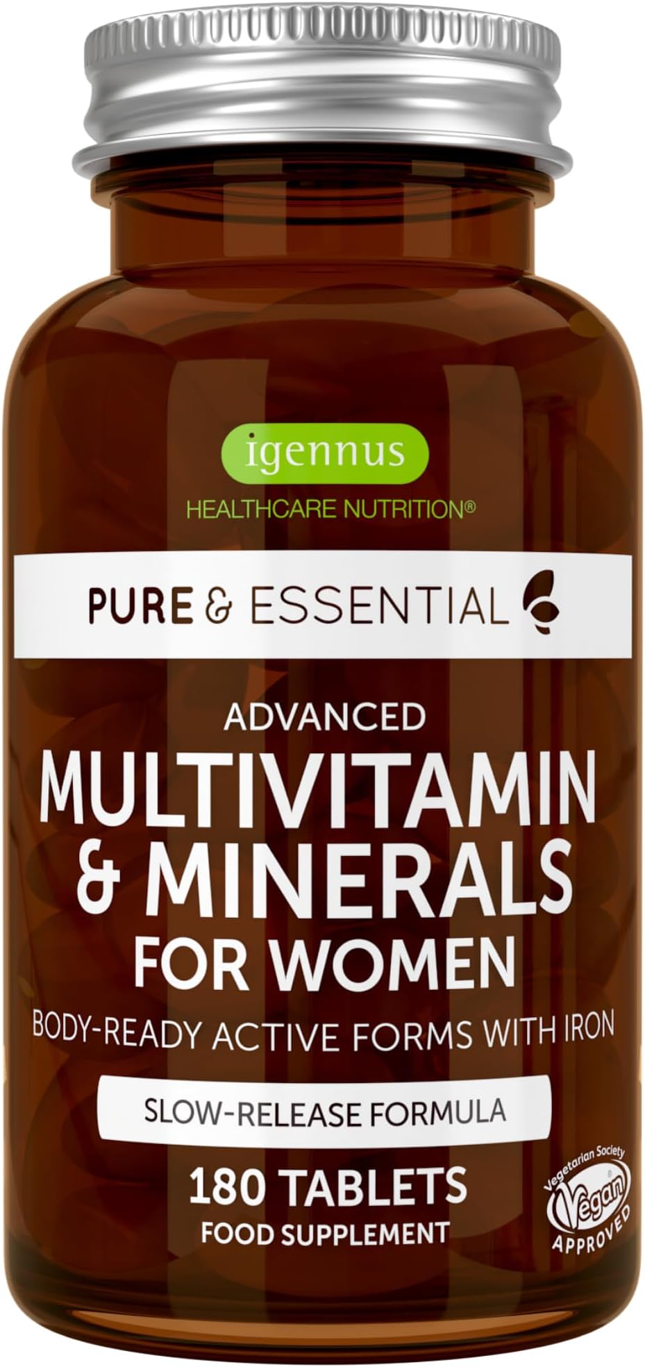 Igennus Methylated Women's Multivitamin with Gentle Iron, 21 Active Nutrients, Pure & Clean, All Day Nutrient Delivery, High Strength B-Vitamins, Easy-to-Swallow, 180 Vegan Tablets, 90 Servings
