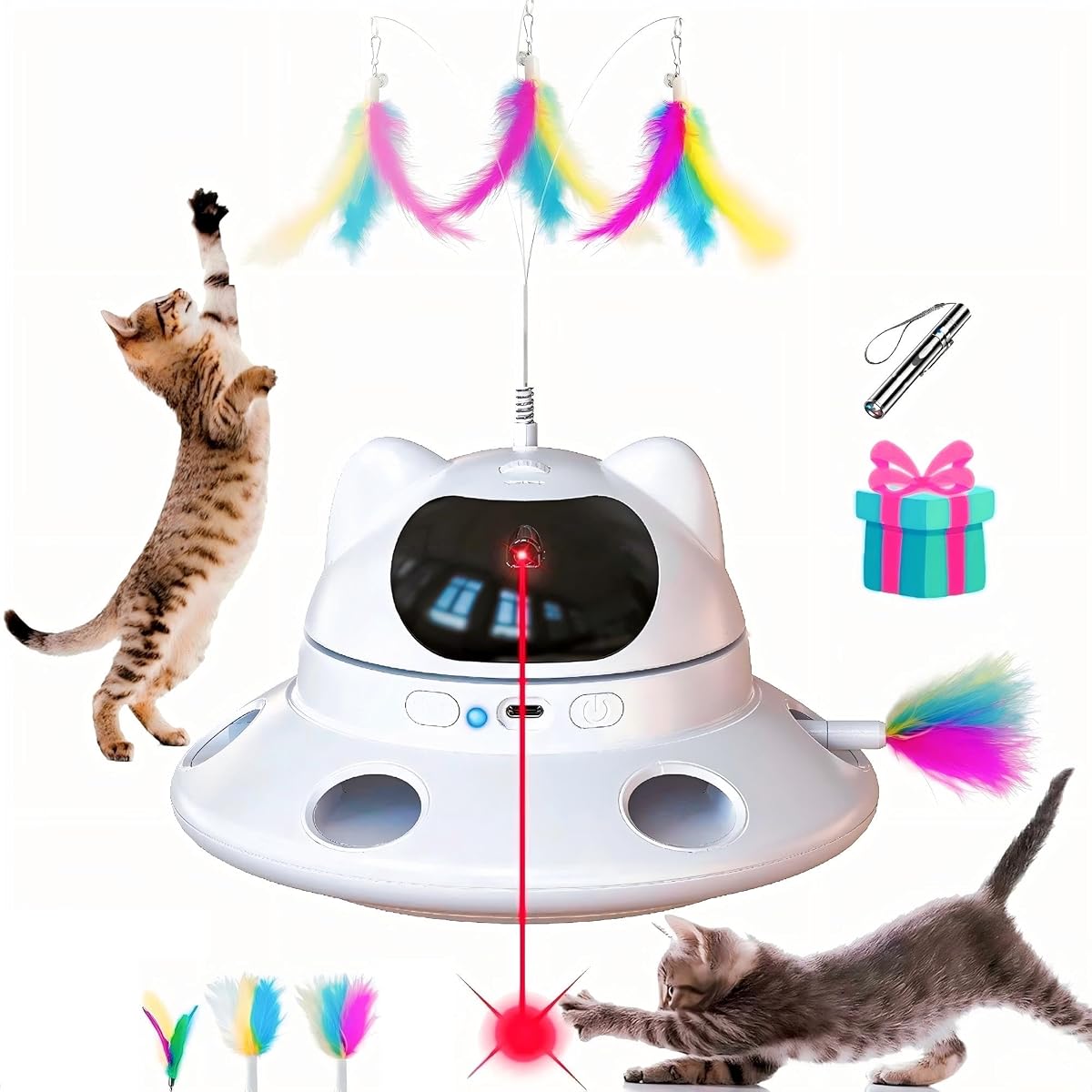 Juguete interactivo para gatos 3 en 1 con IA inteligente: juguete automático con láser y plumas para gatos de interior, mantiene a los gatos ocupados cuando están solos en casa