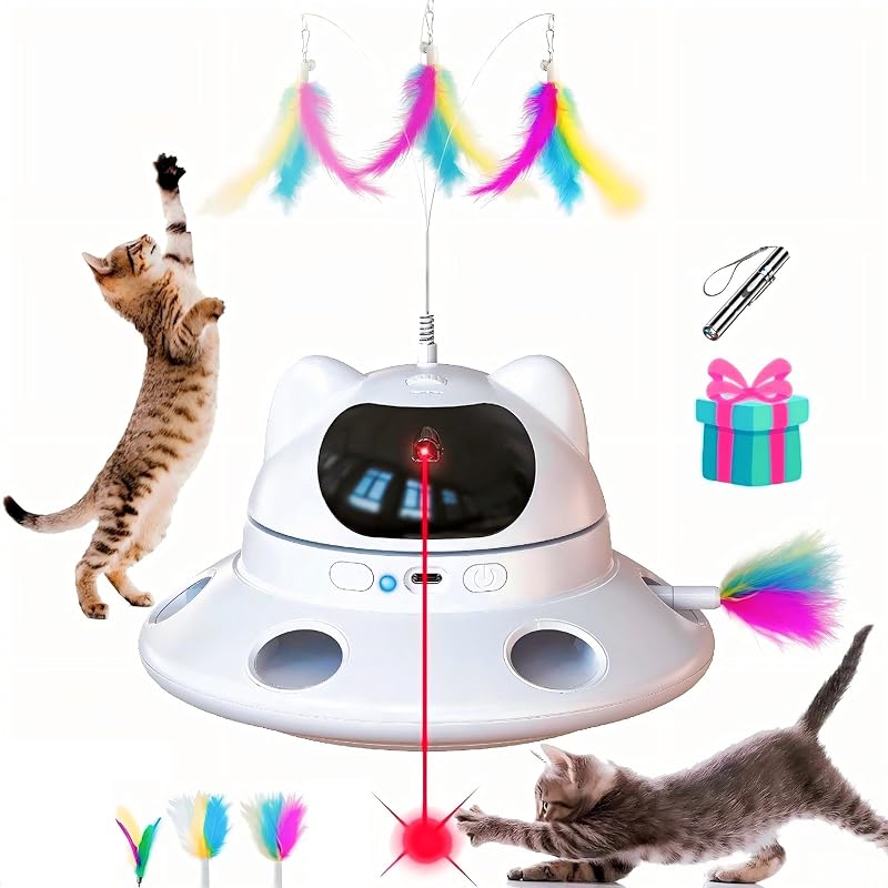 Juguete interactivo para gatos 3 en 1 con IA inteligente: juguete automático con láser y plumas para gatos de interior, mantiene a los gatos ocupados cuando están solos en casa
