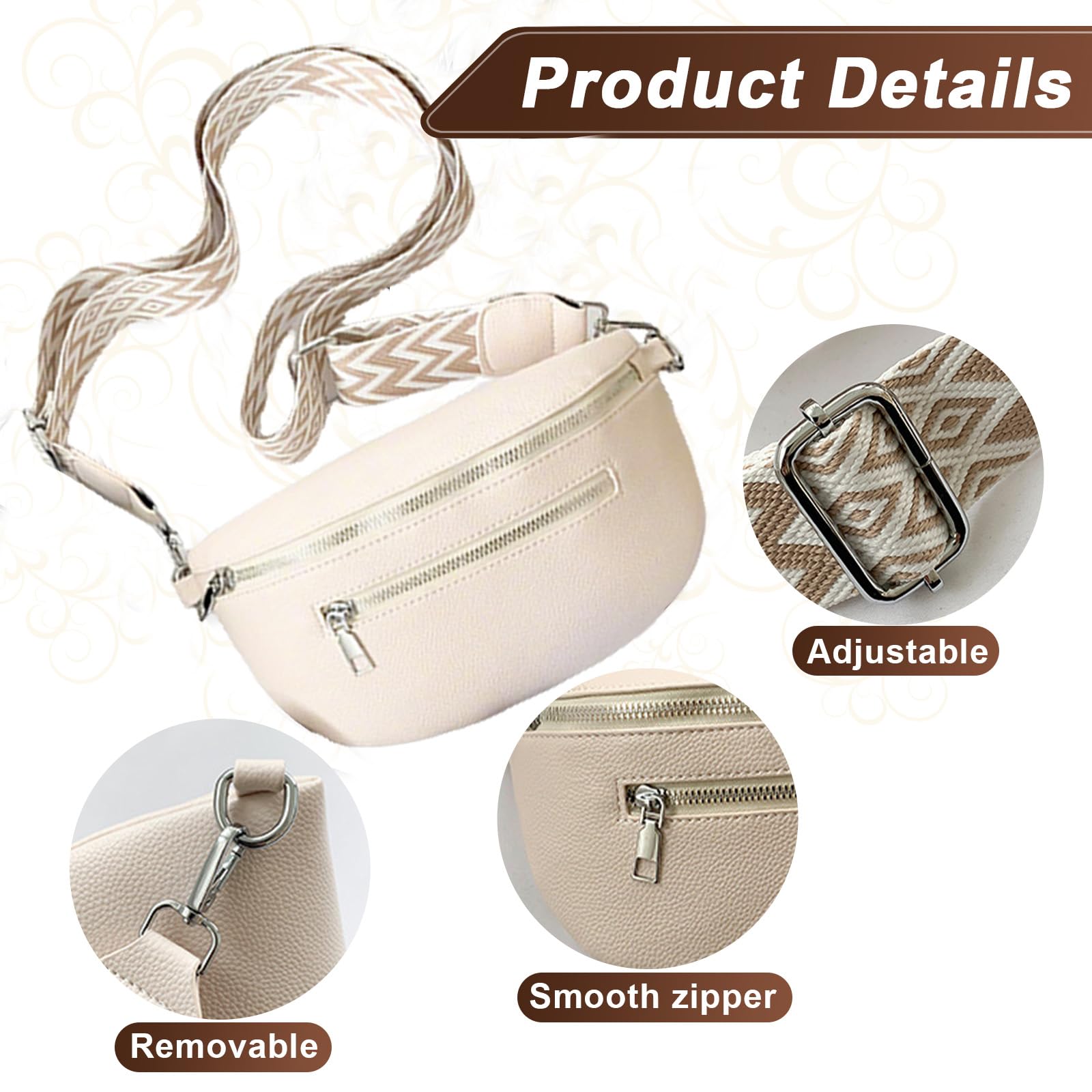 Sac Bandoulière Femme Large Bandoulière Sacs Banane Ville 24,5 * 14,5 cm Cuir Végan Pochette Femme Élégant Réglable Cadeau pour Voyages et Quotidien