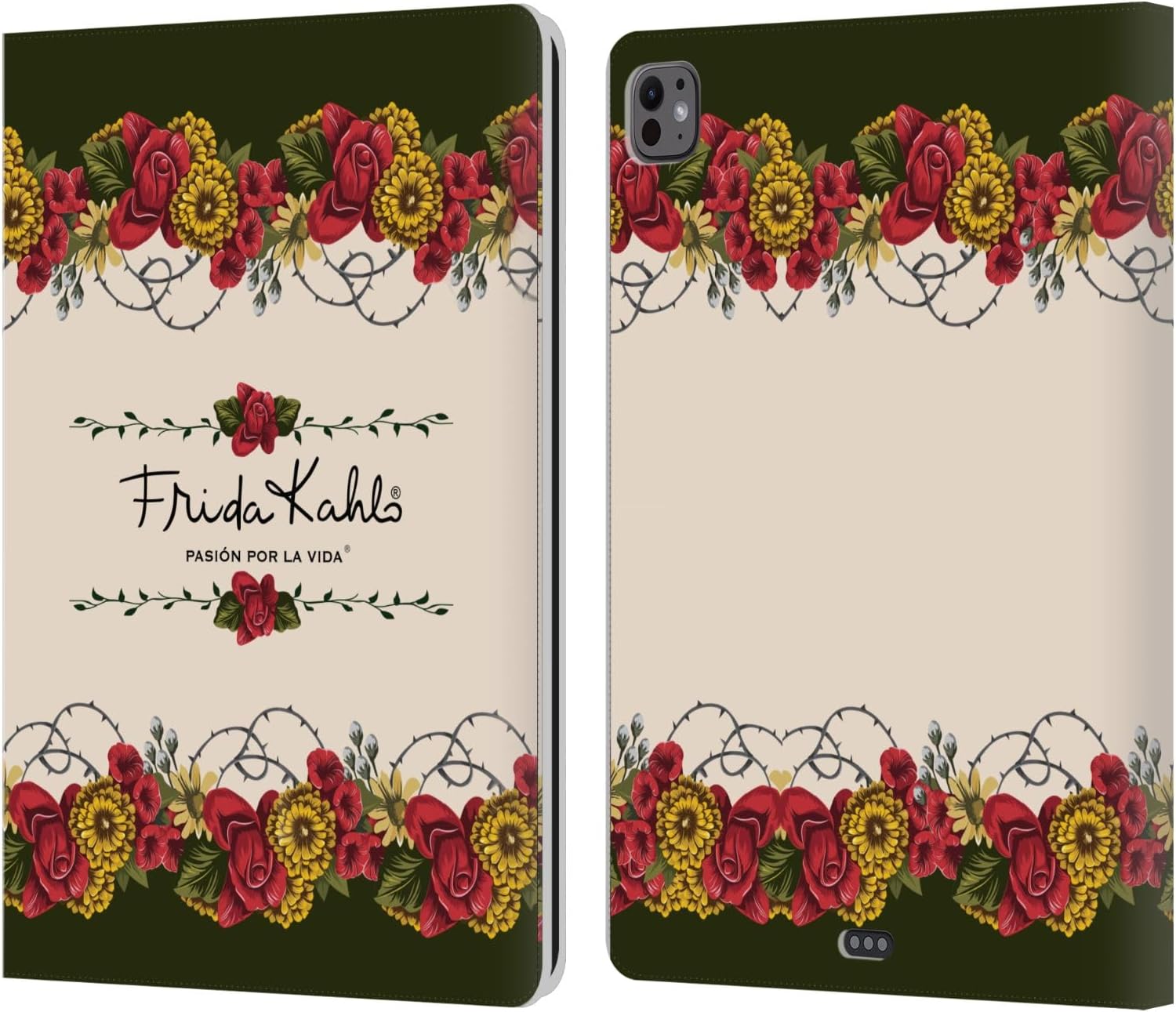 Head Case Designs Officially Licensed Frida Kahlo Border Red Florals Leather Wallet Case Compatible with Apple iPad Pro 13 M4 2024