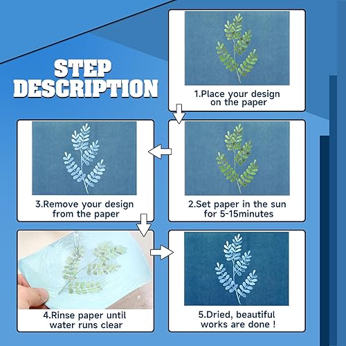 Miniatura 6 de NOVWANG 80 piezas de papel cianotipo, papel de impresión solar de alta sensibilidad, kit de cianotipo con 2 fundas transparentes dedicadas y 1