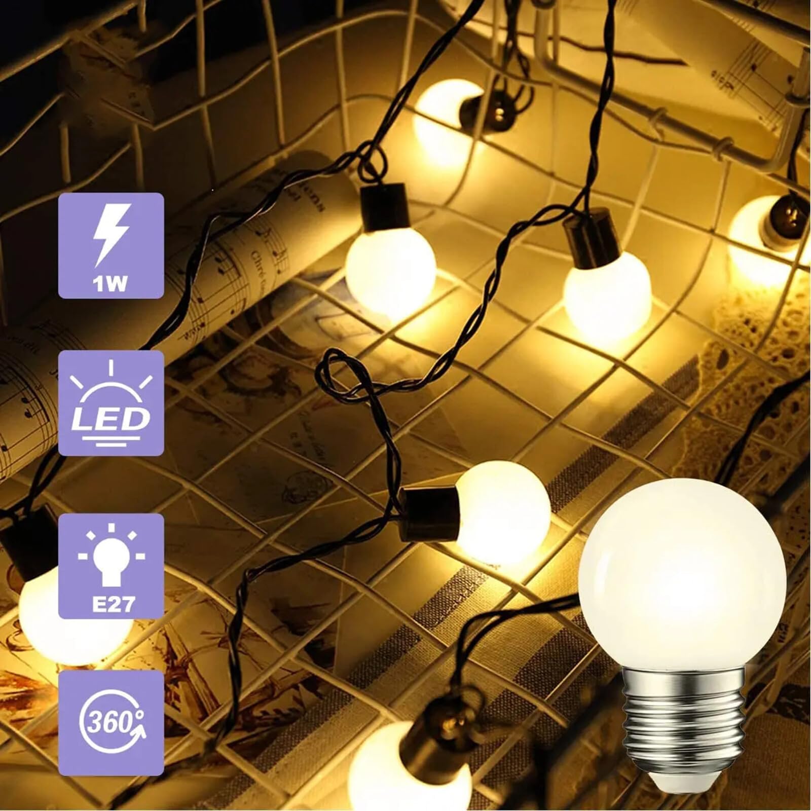 Bombilla LED G45 de plástico, globo lechoso, E27, ACdena de luces blanca, 1W, 2W y 3W, para fiestas en el jardín (E27, 220V, 3W)