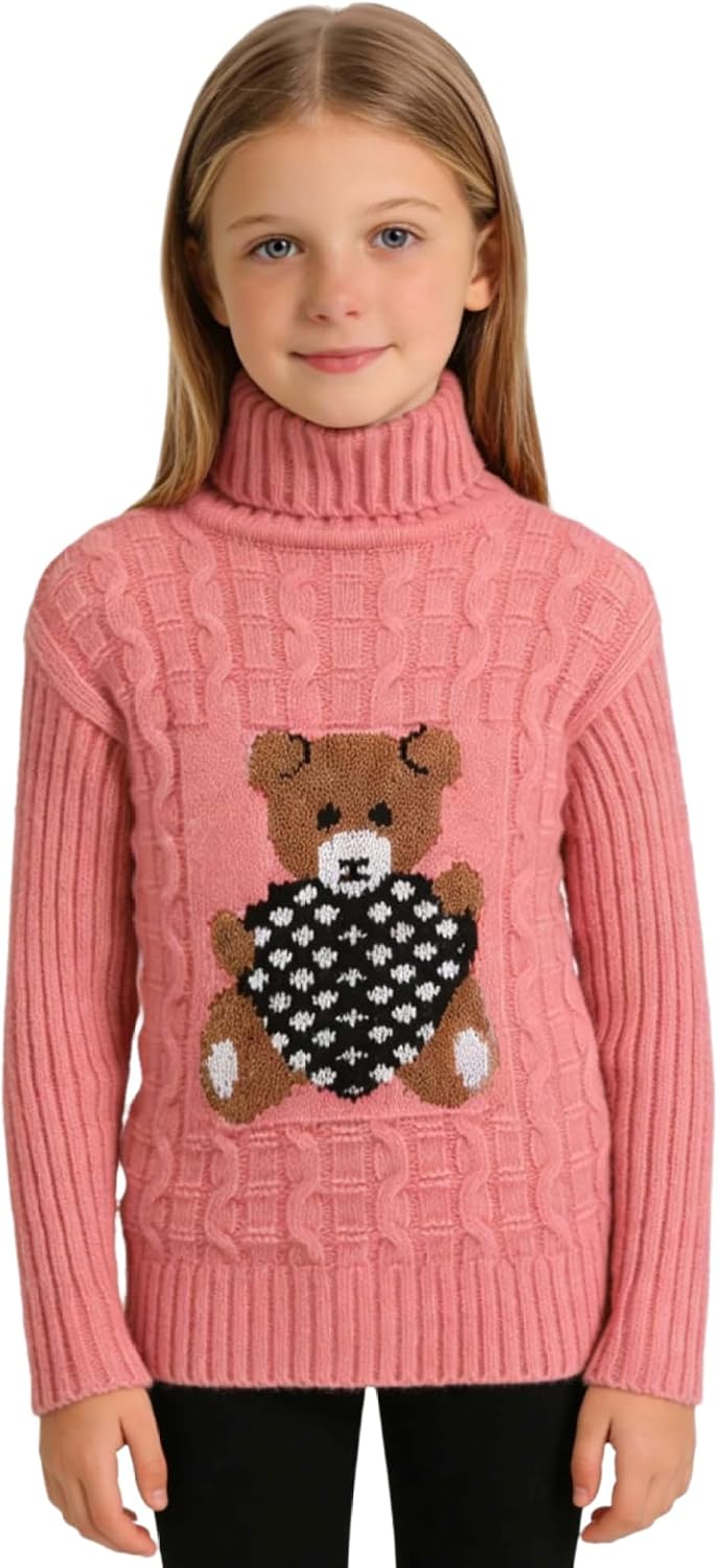 Kid Animal Sweater Knit Long Sleeve High Neck Cute Cartoon Bear Pattern Pullover