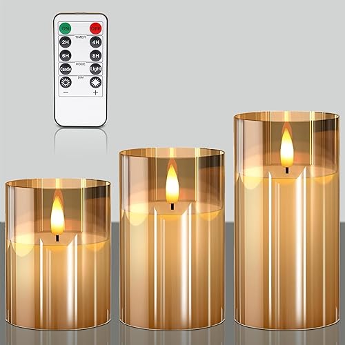 VIEWELLD Lot de 3 bougies pilier à LED sans flamme en verre avec télécommande et