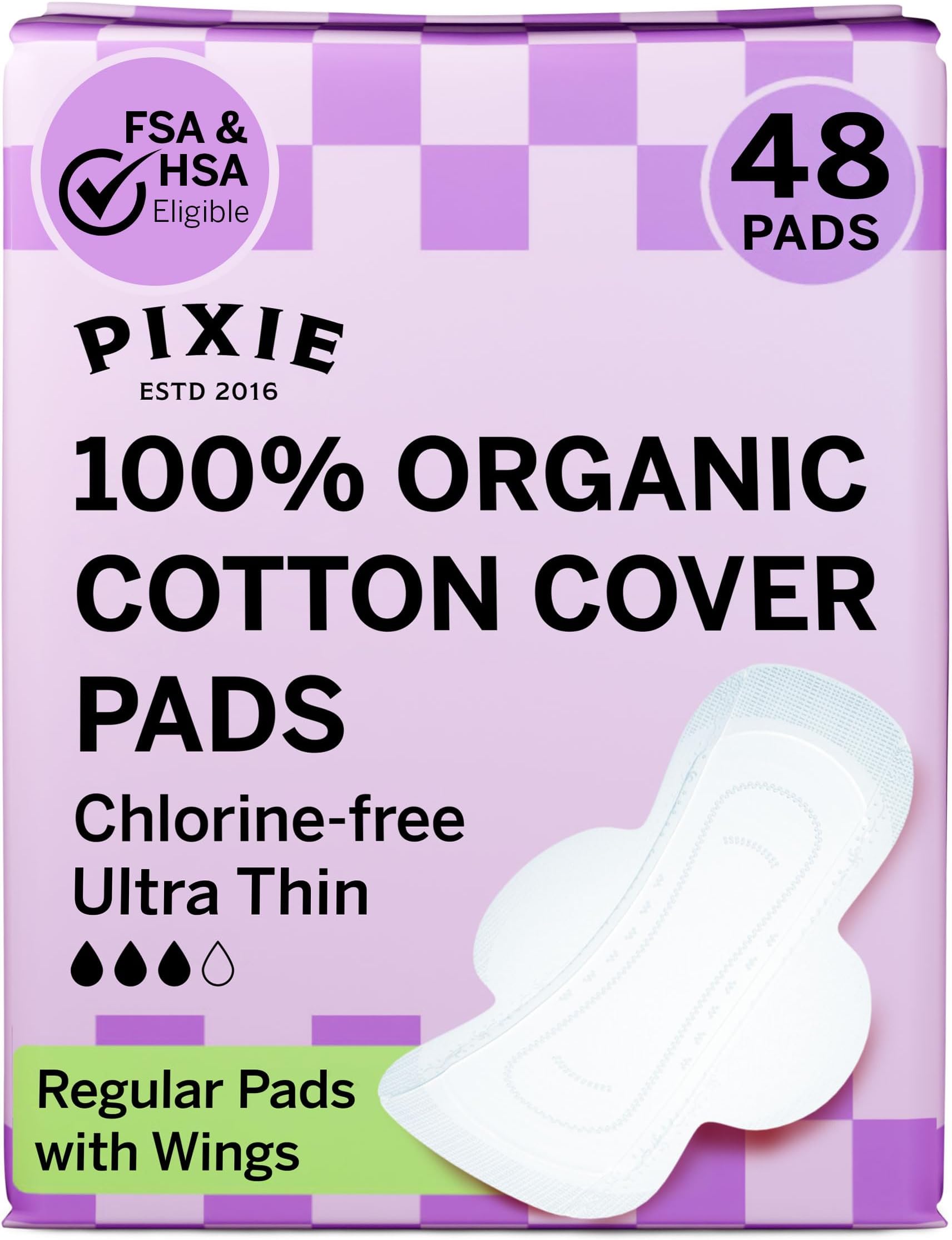 Pixie Organic Cotton Ultra Thin Pads with Wings for Women - Leak-Proof & Moisture-Wicking for Feminine Care - Compostable, Unscented Menstrual Pads - Regular Absorbency - FSA Eligible - 48 Count