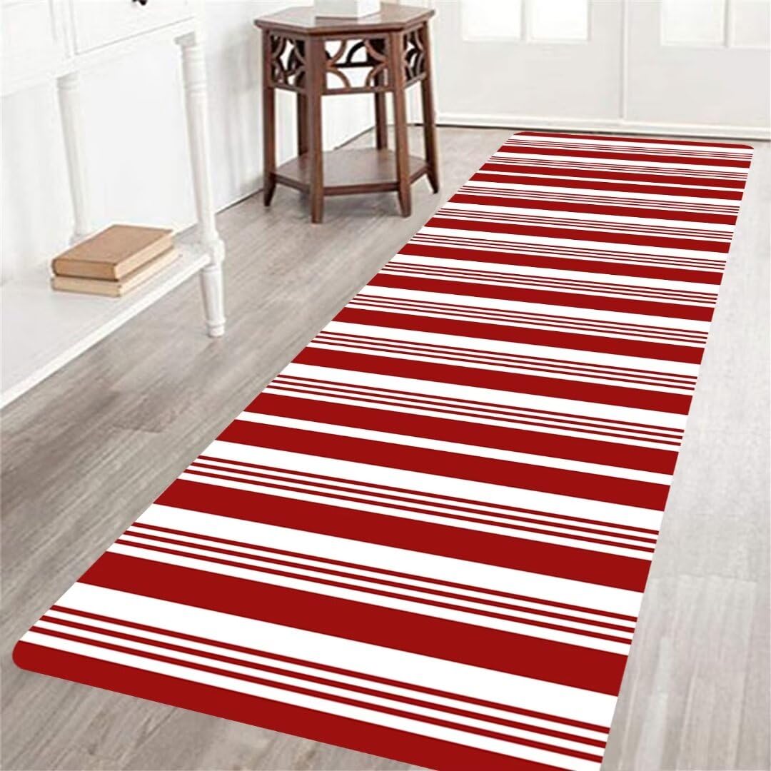 Christmas Long Runner Rug for Hallway Abstract Red and White Striped Area Rug Non-Slip Floor Carpet Runners for Bedroom Decorative Throw Rugs Indoor
