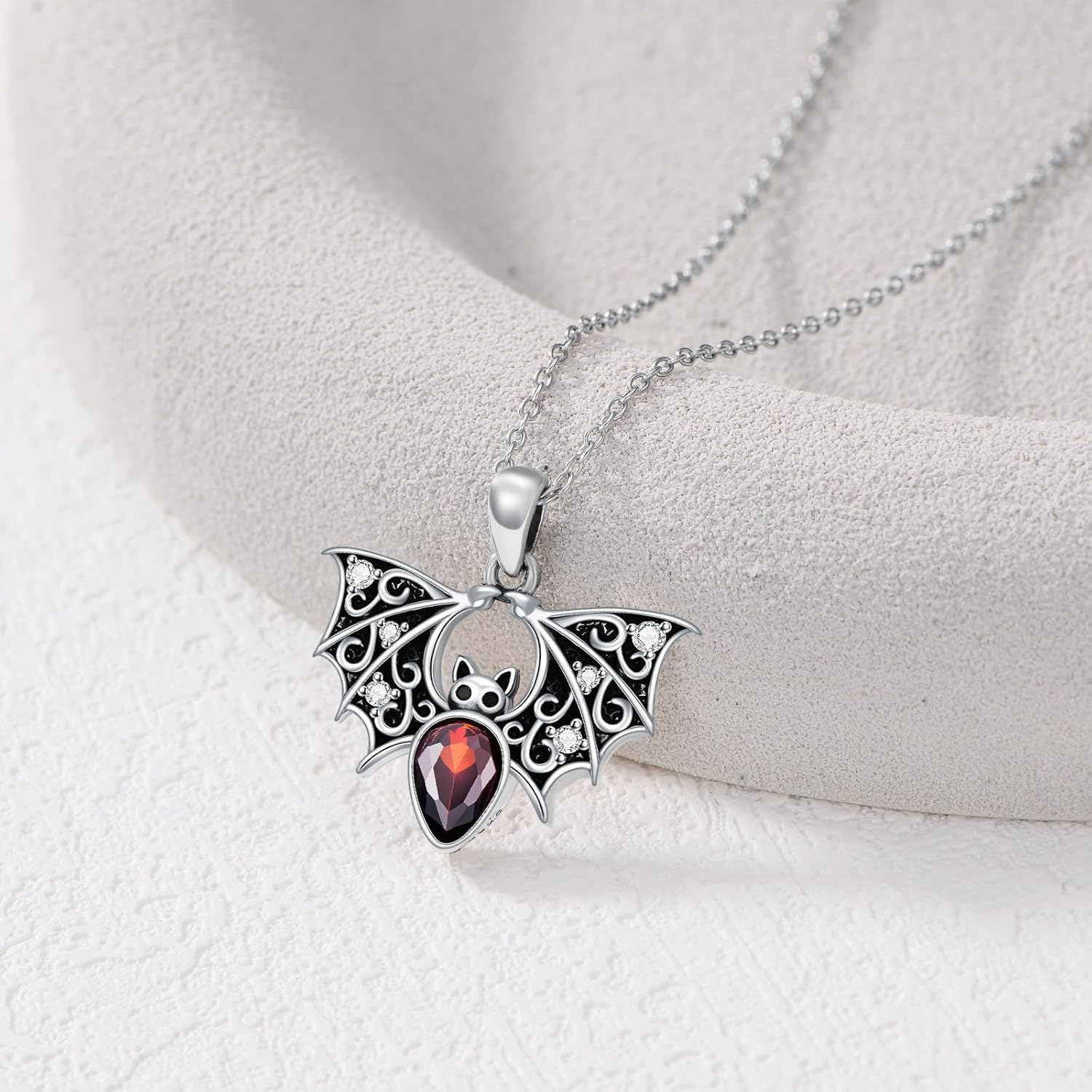 LONAGO Bat necklace 925 Sterling Silver Black Bat with Red Heart Pendant Necklace for Women - Image 4