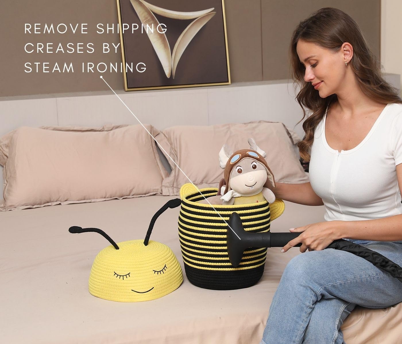 Cottonphant Handcrafted Animal Inspired Basket with Lid | Cotton Storage Solution for Organization in Bedroom | Perfect Organizer for a Shower or Retreat, Yellow Bee, 10"x15"