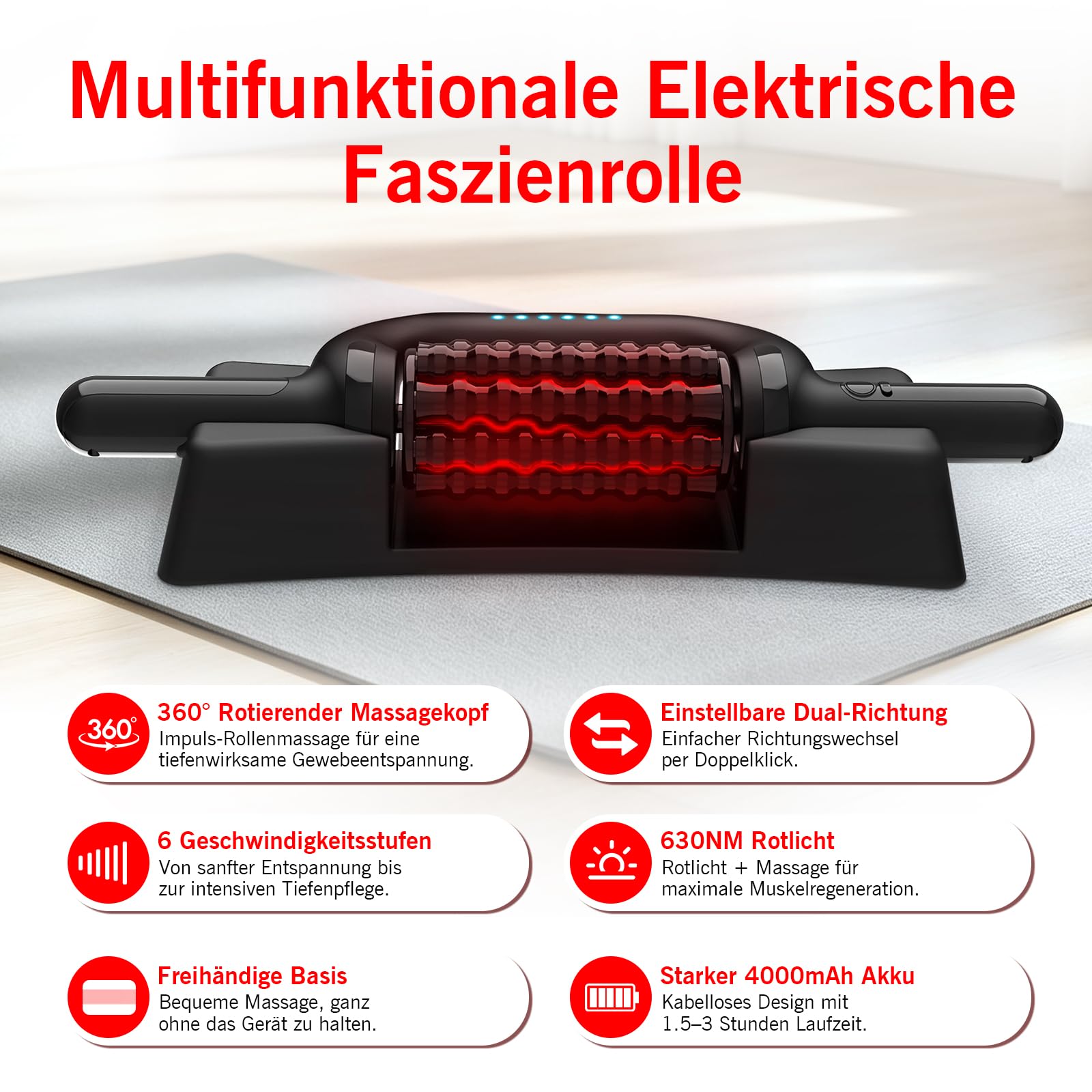 Elektrische Faszienrolle Rotlicht Elektrisch Massageroller | Klopfmassage, 6 Stufen, Freihand-Station, Deep Tissue Massagegerät für Rücken Nacken Beine Ganzkörper, Muskelentspannung
