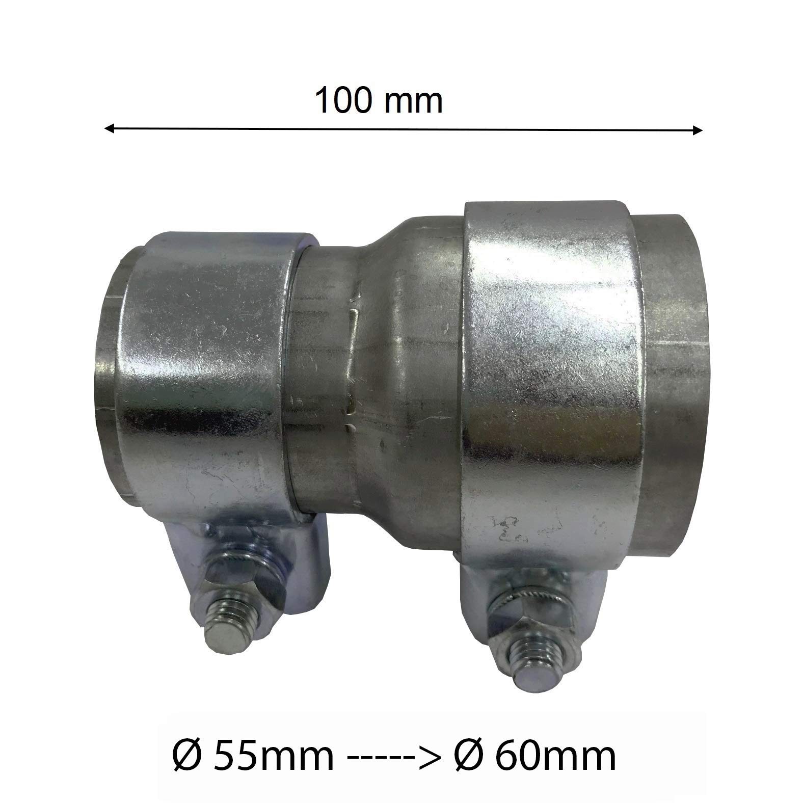 Reduktor rury, adapter do rury wydechowej, w zestawie 2 zaciski mocujące, obejma szerokopasmowa, łącznik redukcyjny, złączka, redukcja rur (Ø 55 mm do Ø 60 mm)