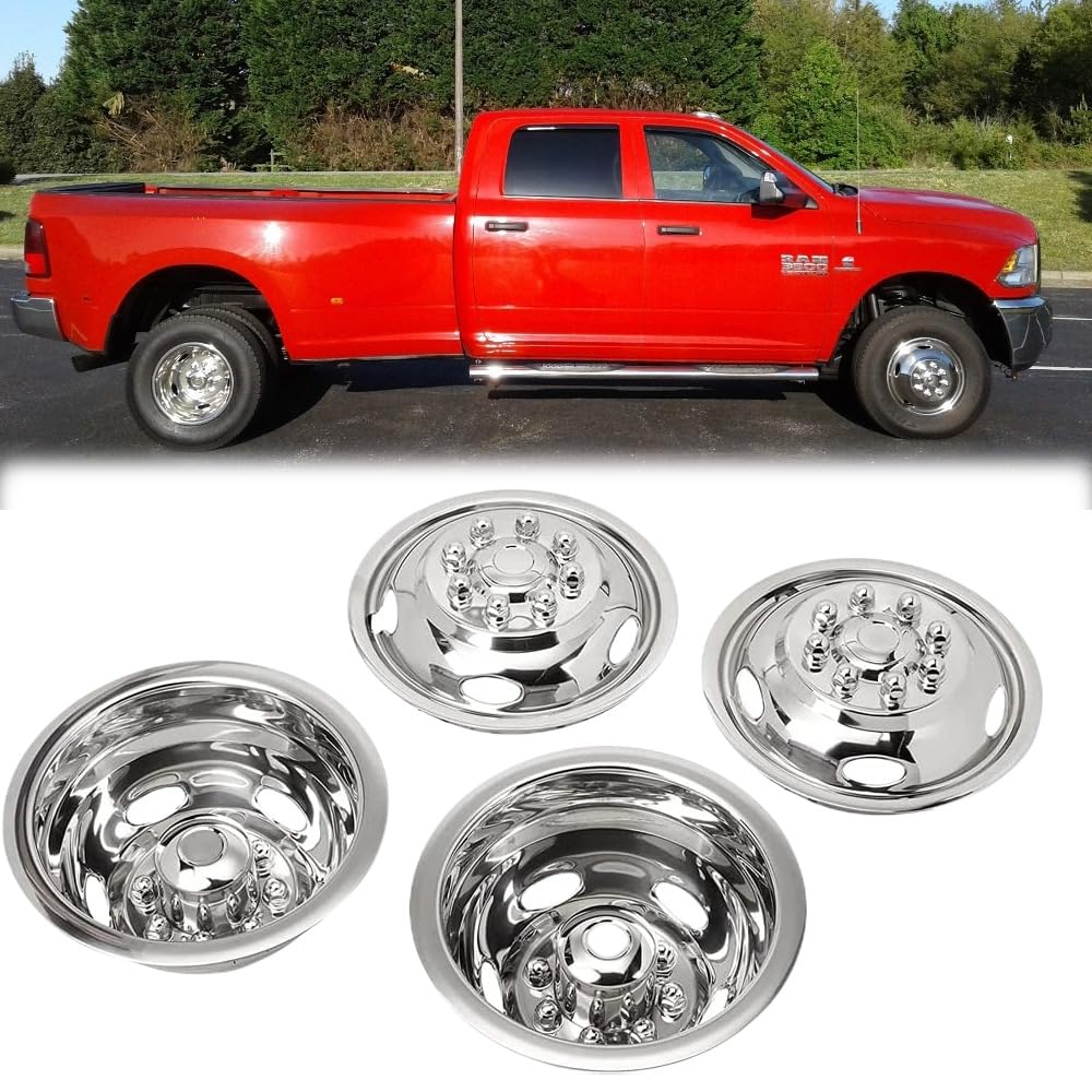 Puermto 4pcs 17inch Protective Polished Stainless Steel Dually Wheel Simulators Fit for 2003-2018 Dodge Ram 3500, 8 Lug Bolt On Wheel Cover with Removable Centre Cap Hubcaps