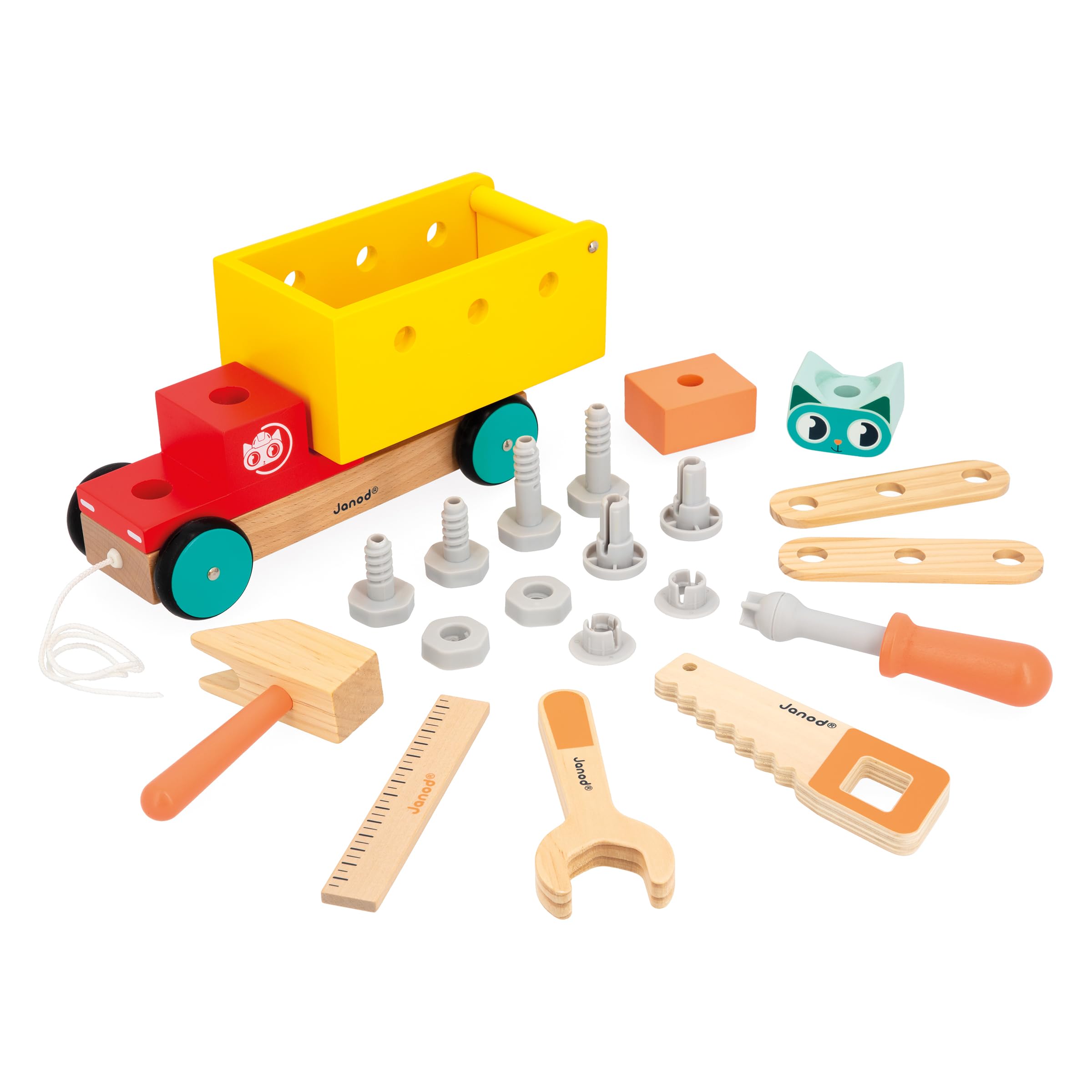 Janod - Mon Premier Jeu de Construction - Camion de Bricolage à Tirer - 23 Accessoires - Imitation - Motricité Fine & Créativité - 24 Mois + - J06451