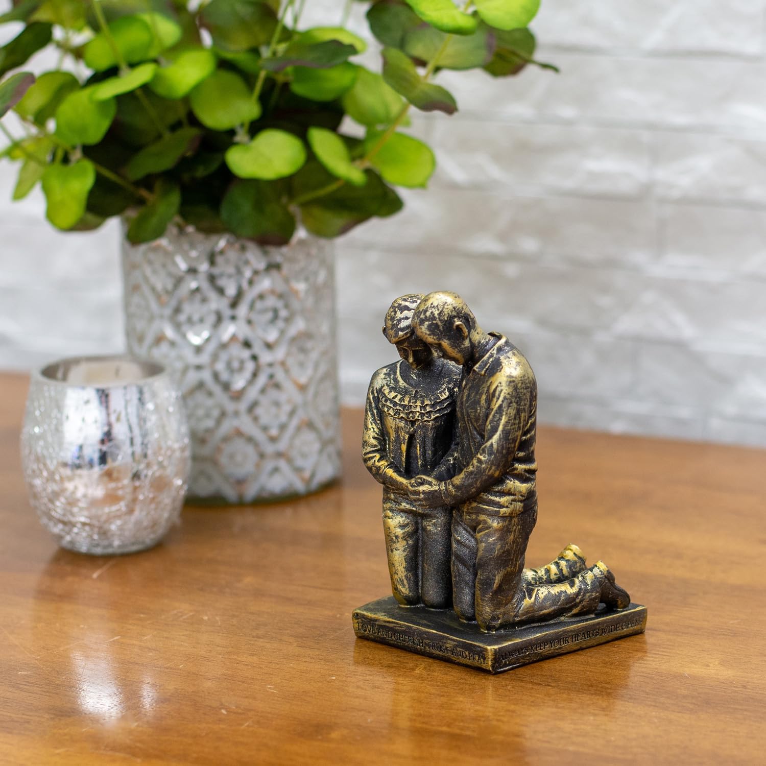 Dicksons Praying Husband and Wife 5 inch Bronzetone Figurine & It Takes Three Heart and Cross 8.5 x 9.5 Brown Pedestal Decoration, Resin Stone Table Top 2-Piece Set