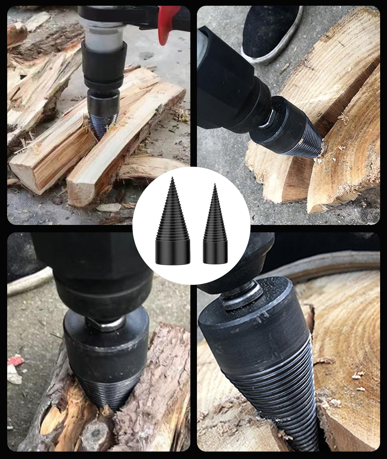 Lot de 6 forets à bois de chauffage, 50 mm + 38 mm, très résistants avec 4 poignées (carré + rond + tige hexagonale + petit hexagonal) pour perceuse électrique, fendeur de petit bois