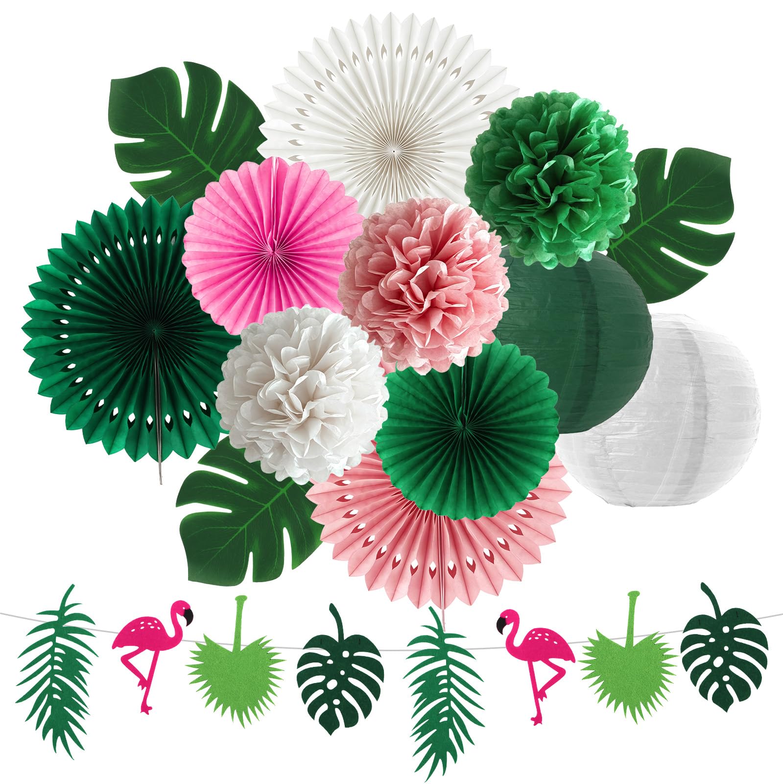 Srotmirw Tropical Flamingo Party Decorations Paper Fans Pom Poms Banner