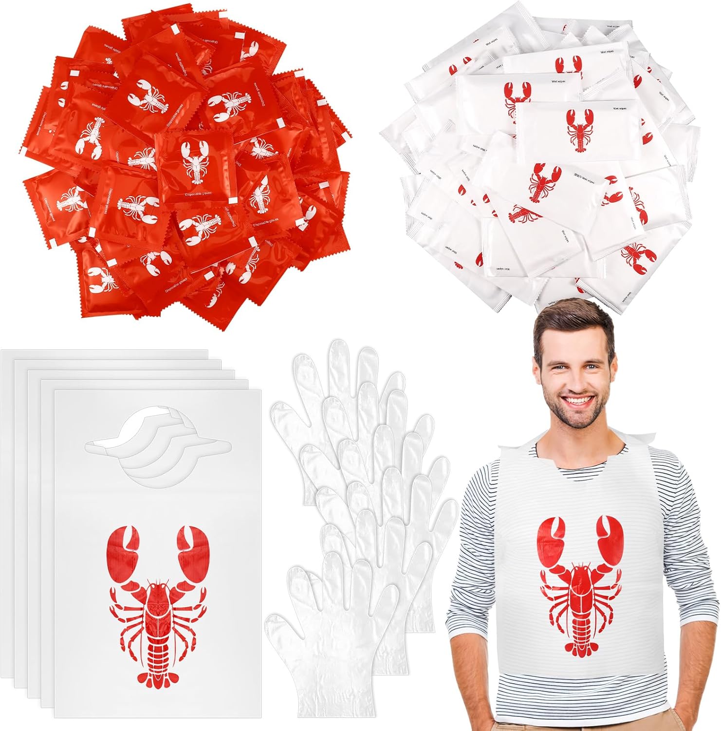 Umigy 200 Pcs Disposable Adults Crawfish Lobster Bibs Boil Seafood Party Supplies Include 50 Lobster Bibs Bulk 50 Wet Wipe 100 Pairs of Plastic Disposable Gloves for Crab Seafood Fest Party