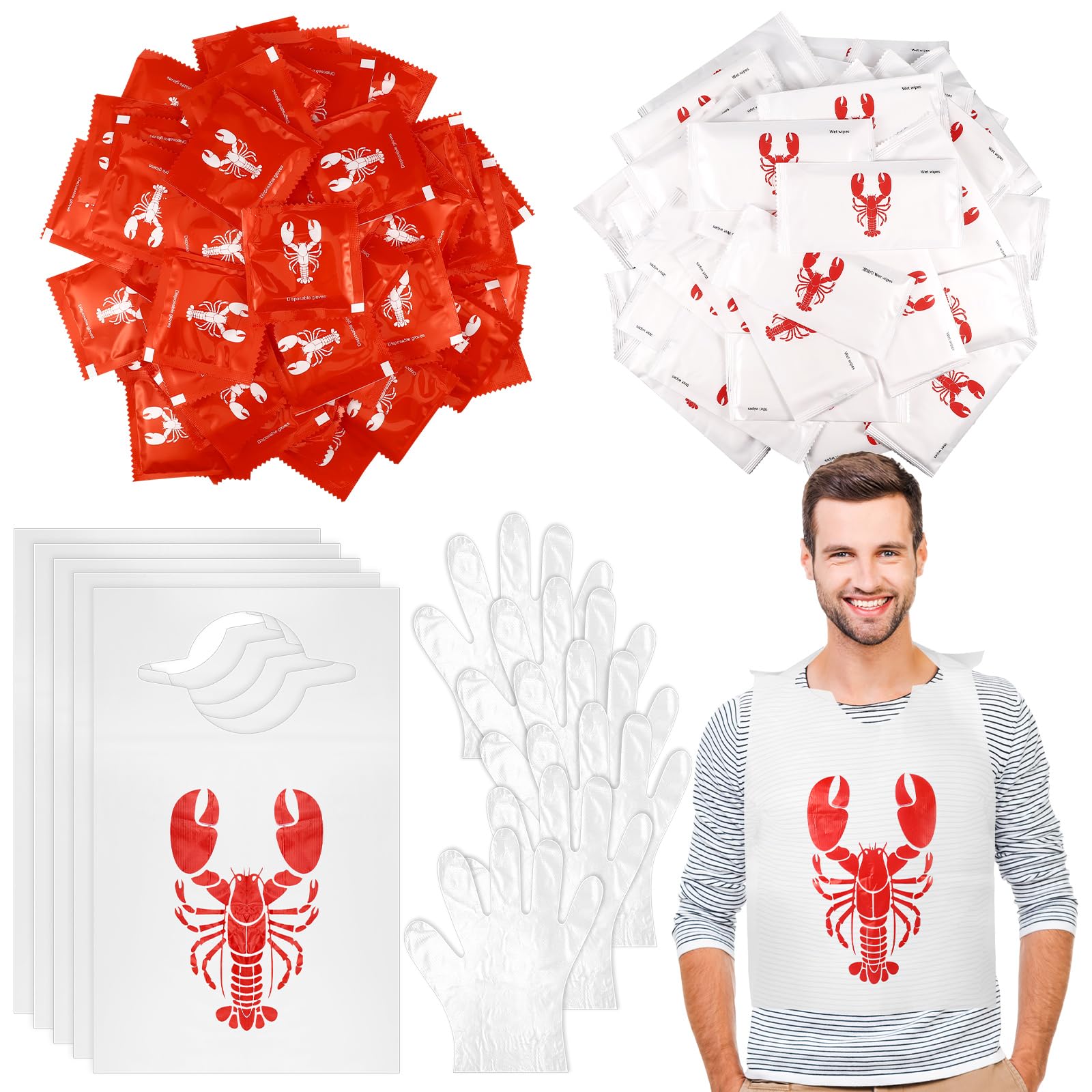 Umigy 200 Pcs Disposable Adults Crawfish Bibs Boil Party Supplies Include 50 Lobster Bibs Bulk 50 Wet Wipe Bundle Moist Towelettes 100 Pairs of Plastic Disposable Gloves for Crab Seafood Fest Party