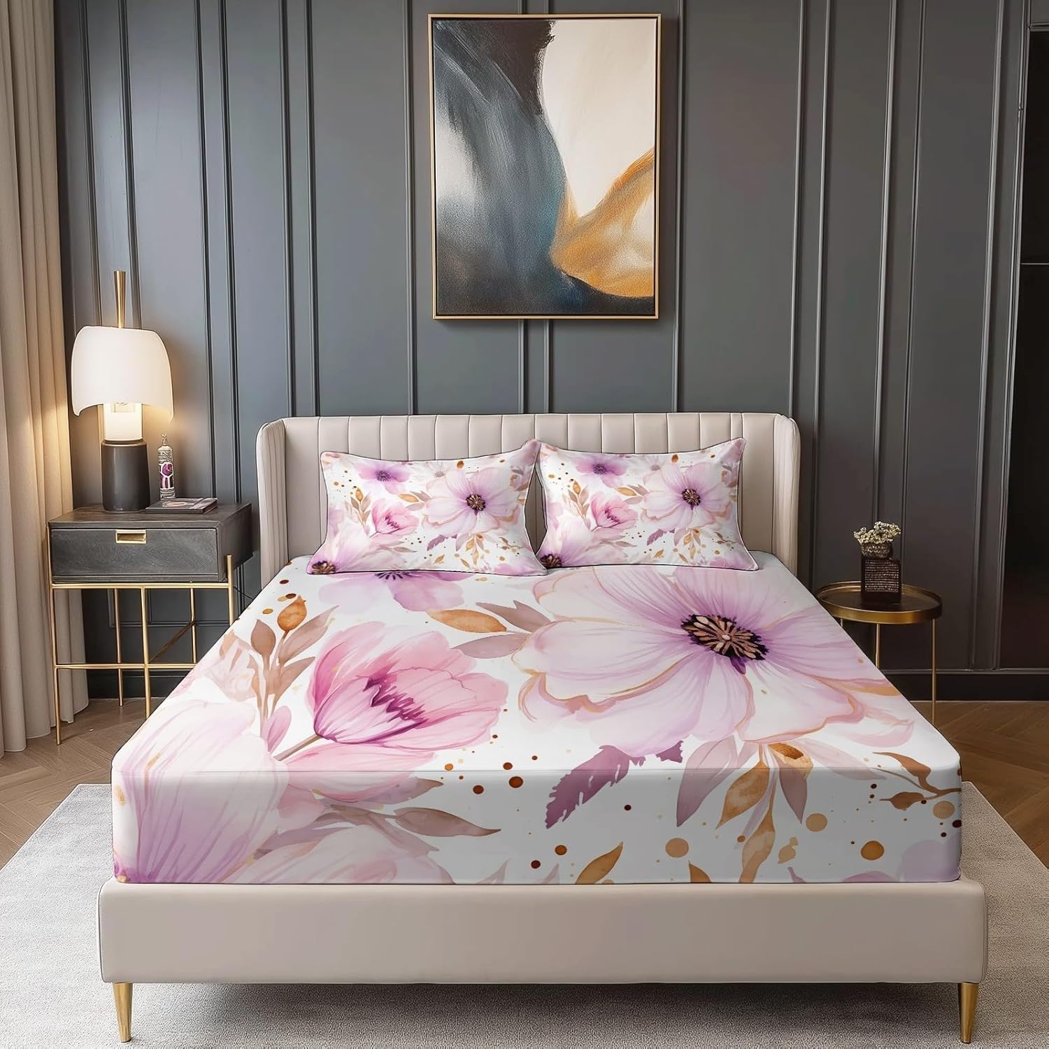 Pink Flowers Small Double Fitted Sheet Leaves Bed Sheets Deep Pocket 12 inch (30 cm) Soft Cozy 3 Piece Microfibre Bed Sheet 120x190 cm with 2 Pillowcases 50x75 cm