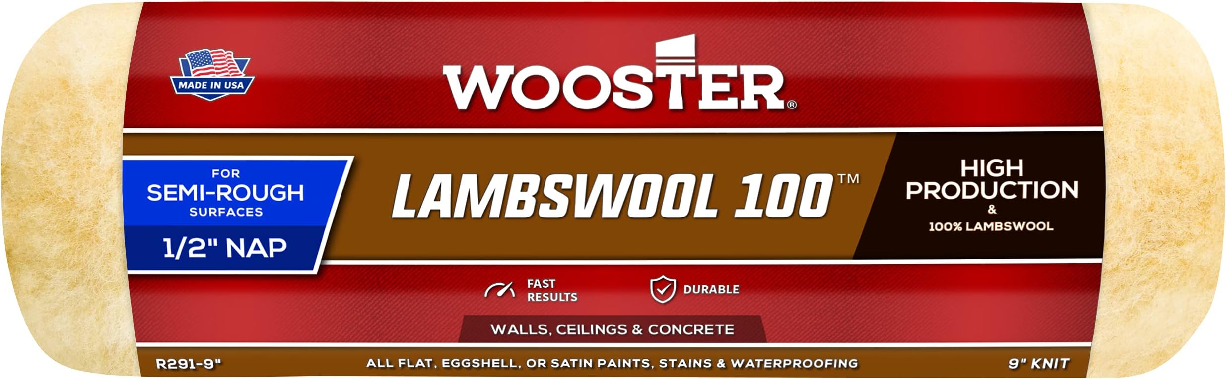 Wooster Brush R291-9 Lambswool 100 Roller Cover, 1/2-Inch Nap, 9-Inch
