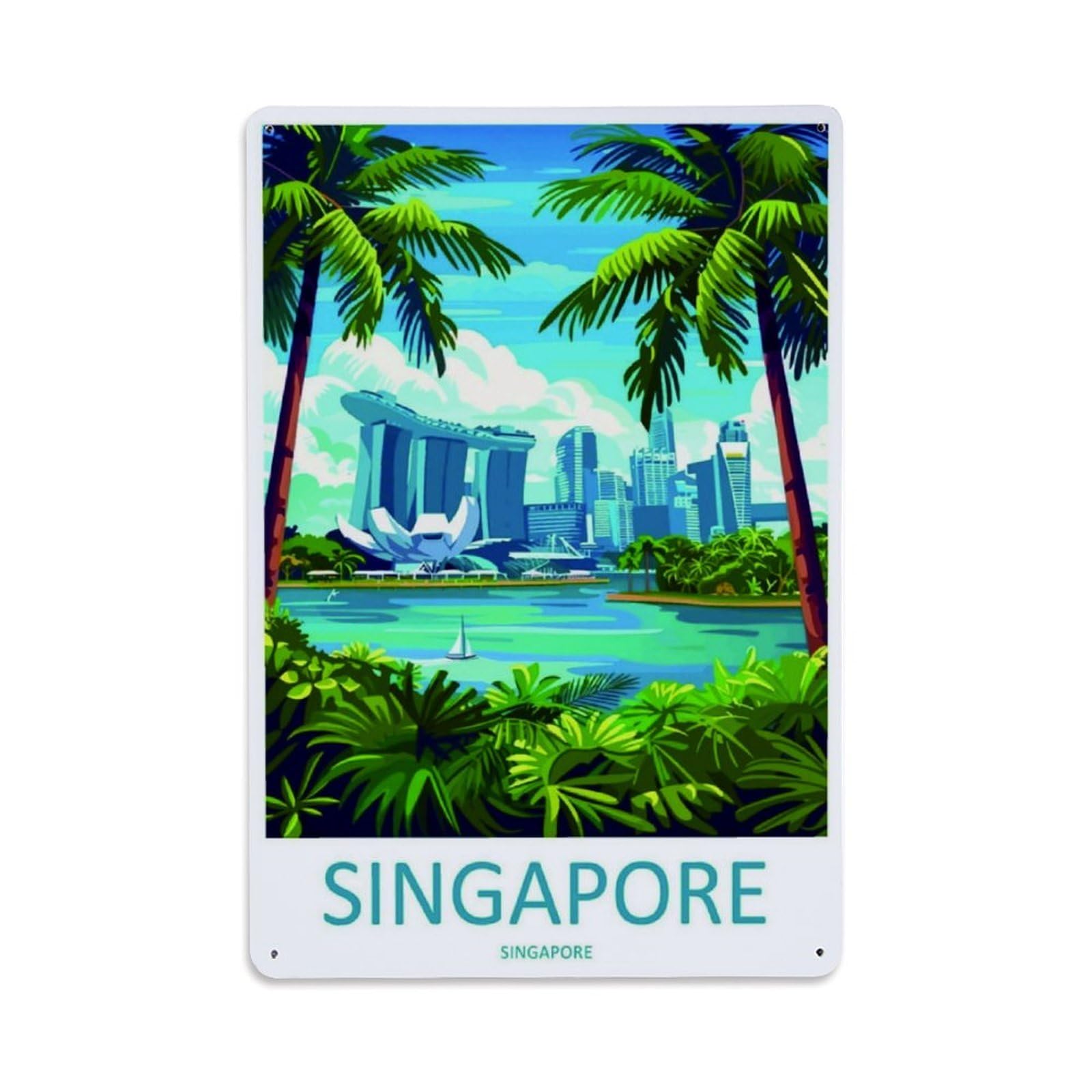Singapore Marina Bay Retro Cityscape Travel Poster Vintage Aluminium Metal Sign, Retro Wall Decor for Home, Bar, Garage & Farmhouse 30x20cm