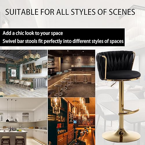 Miniatura 7 de Juego de 2 taburetes de bar de terciopelo, taburetes de bar con respaldo bajo, taburetes de bar giratorios dorados para isla de cocina, bar pub