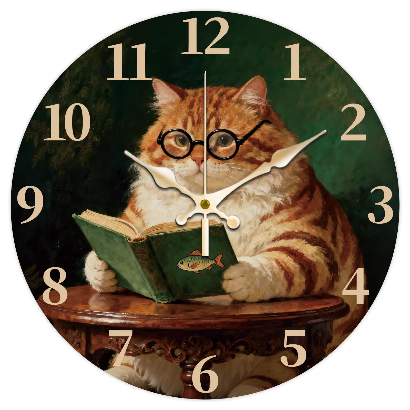 CONCHLERY Wall Clock 12 Inch Round Cats and Books Pattern Non-Ticking Hanging Clock for Home Bedroom Living Room Kitchen Office