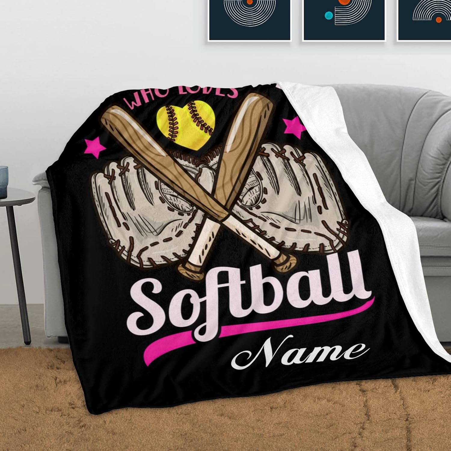 Just a Girl Softball Personalized Name Soft Fleece Bed Blankets Throws as Birthday Wedding Gifts for Sofa Couch 50'' x 60''