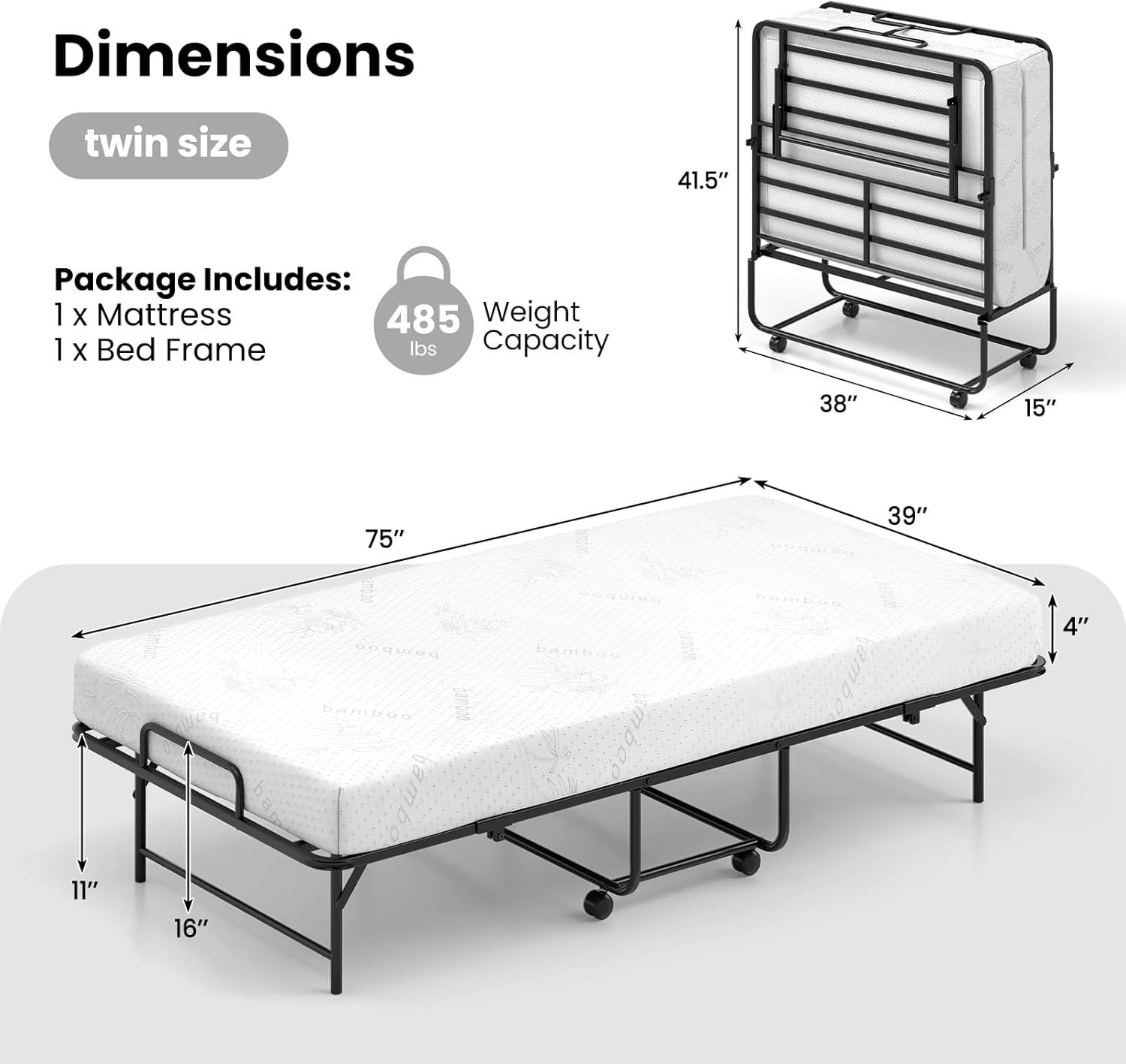 MAT EXPERT Twin Folding Bed with Mattress, Portable Rollaway Guest Beds with Memory Foam Mattress, Metal Frame, Lockable Wheels, 75"x 38" Space Saving Foldable Beds for Easy Storage