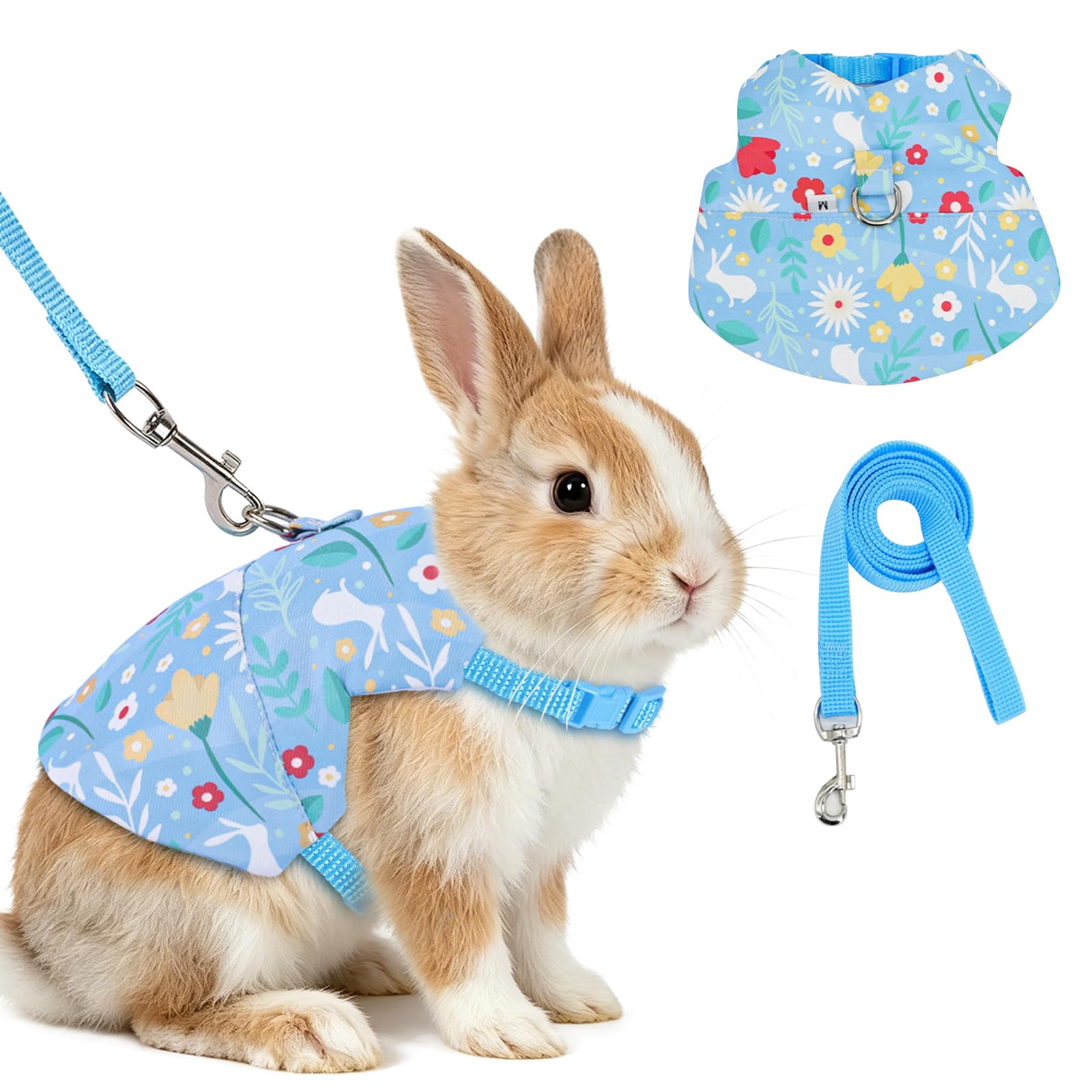 Yanmucy Bunny Harness and Leash Set Adjustable Escape Proof Rabbit Harness Double Buckle Bunny Accessories for Small Animal Pets Walking Training (Light Blue, L -Chest(11.8-16.5in))